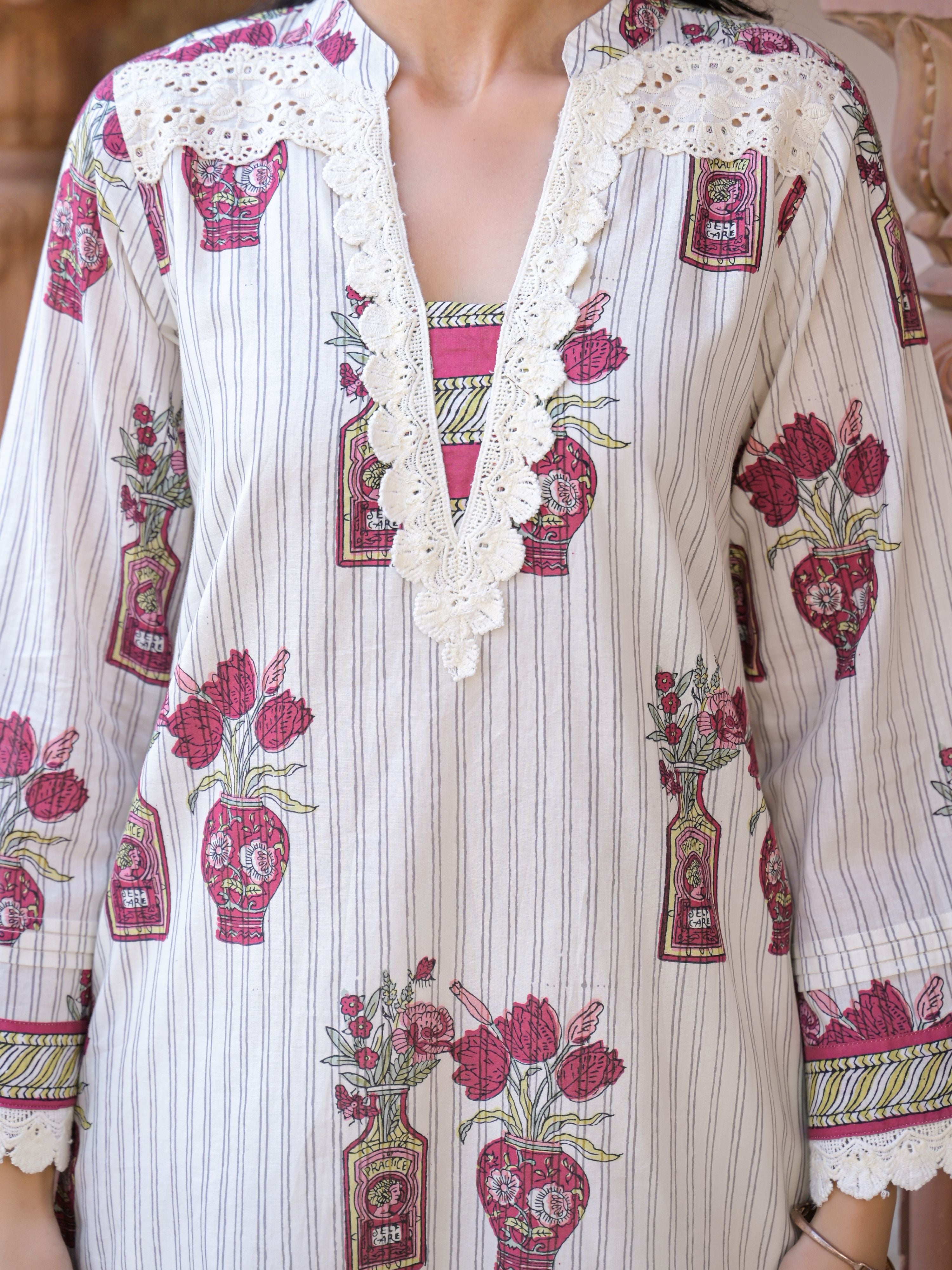 ROSE IVORY HERITAGE LACE WORK PURE COTTON FARSHI SUIT