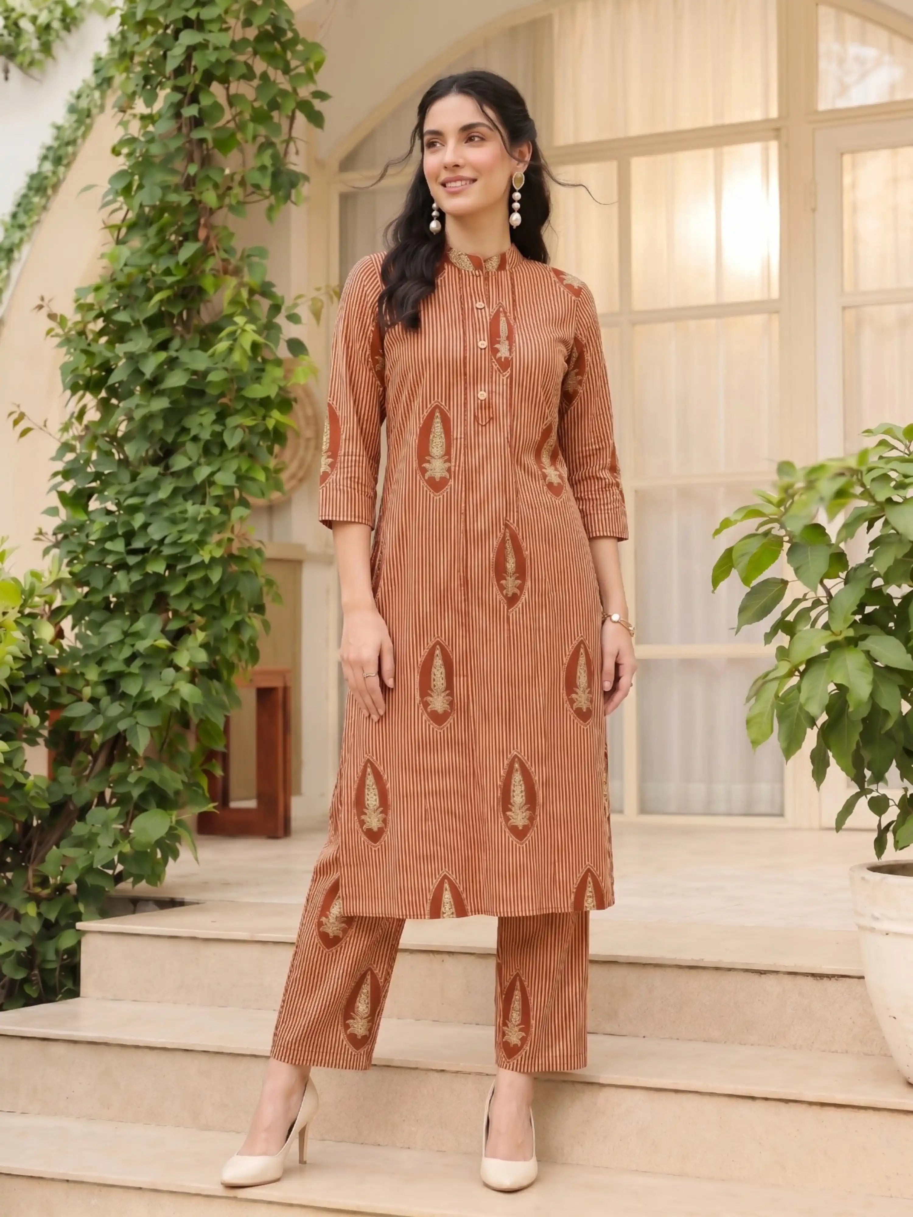 SANDALWOOD STRIPE PURE COTTON KURTA SET