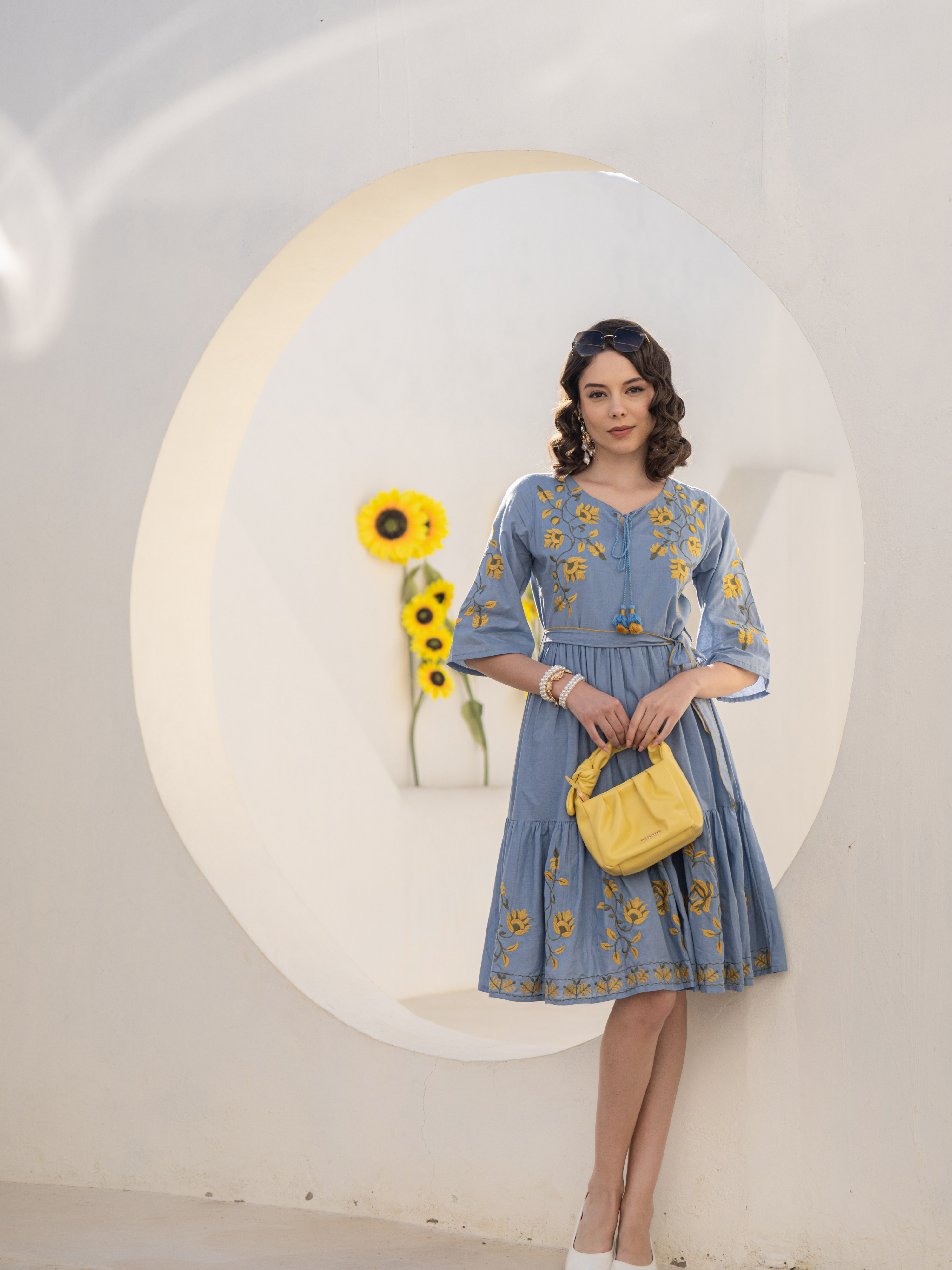 ZEHRA BLUE SUNFLOWER THREADWORK DRESS