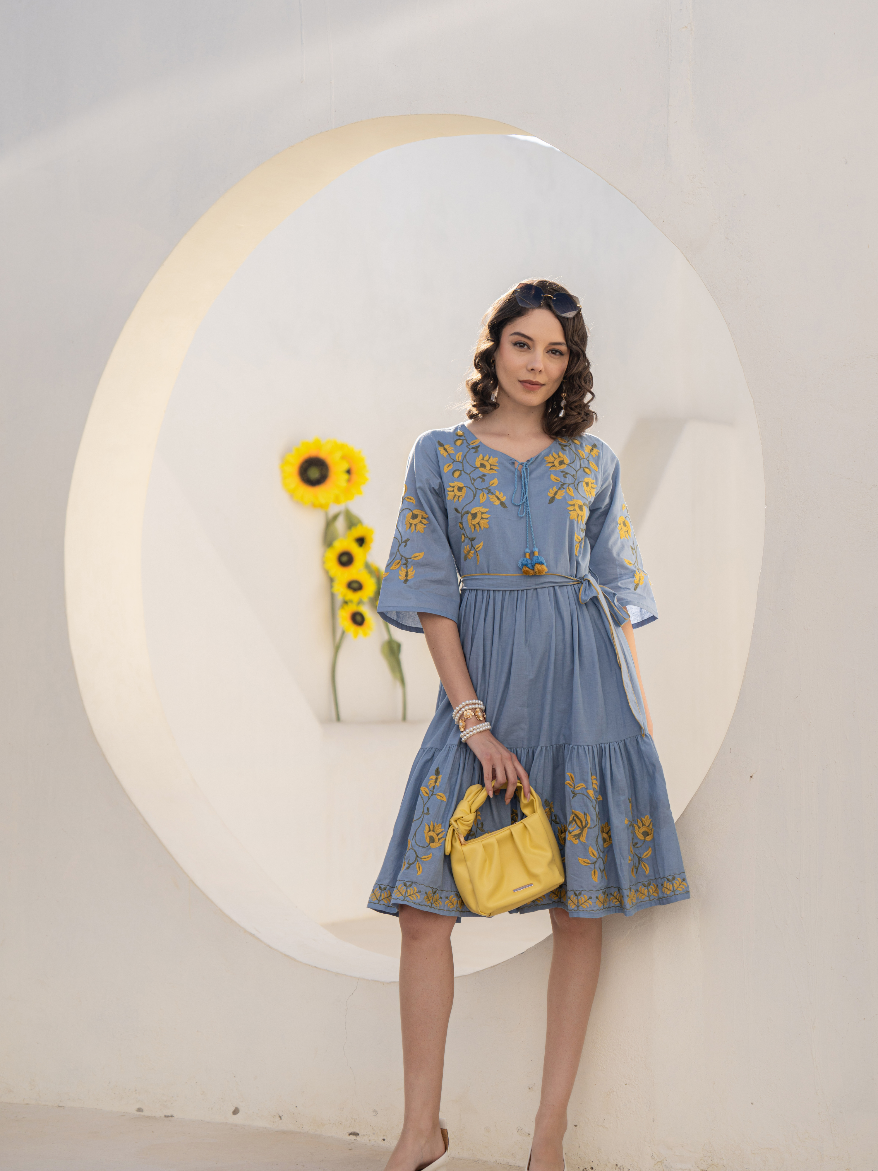 ZEHRA BLUE SUNFLOWER THREADWORK DRESS