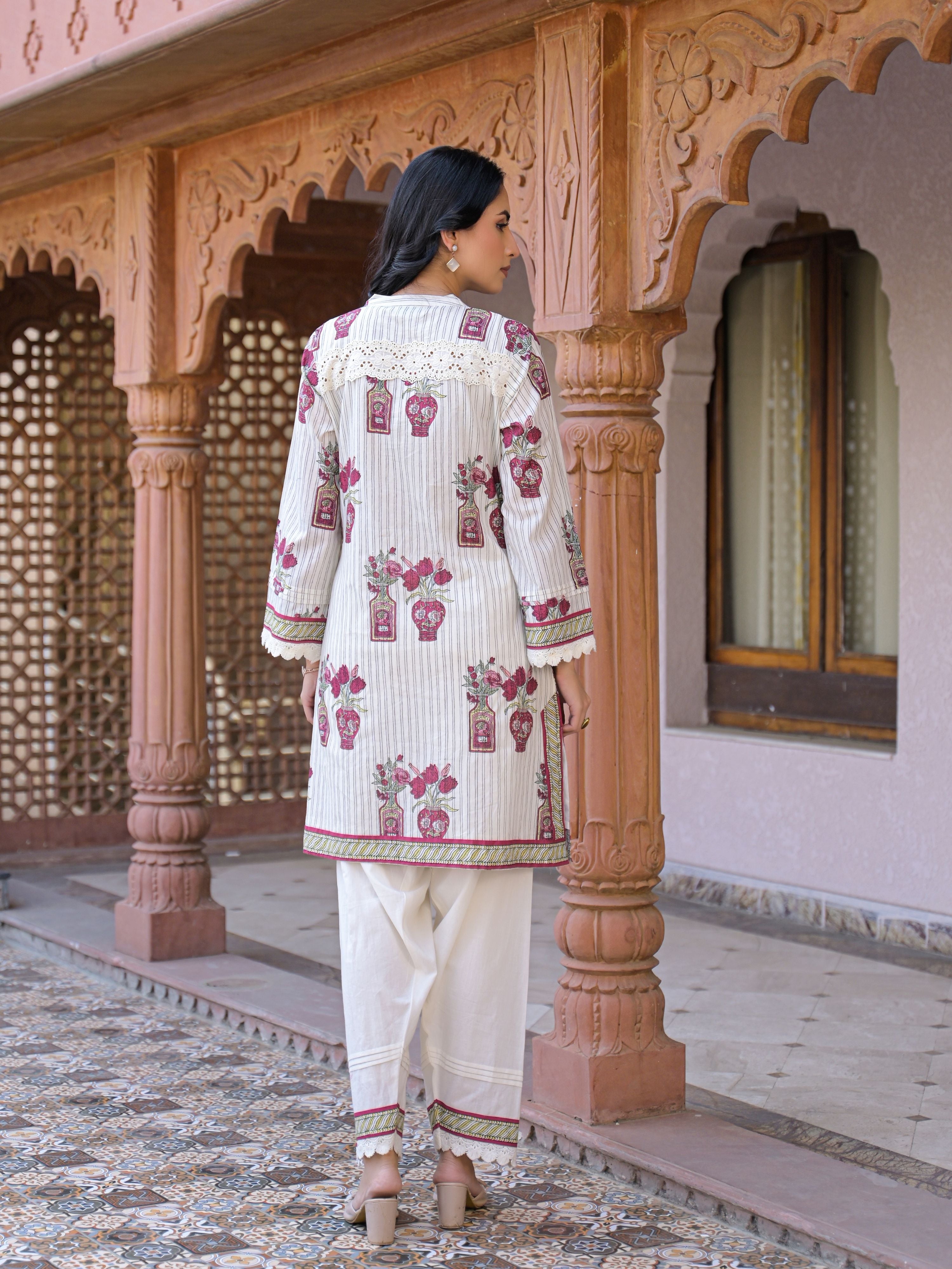 ROSE IVORY HERITAGE LACE WORK PURE COTTON FARSHI SUIT