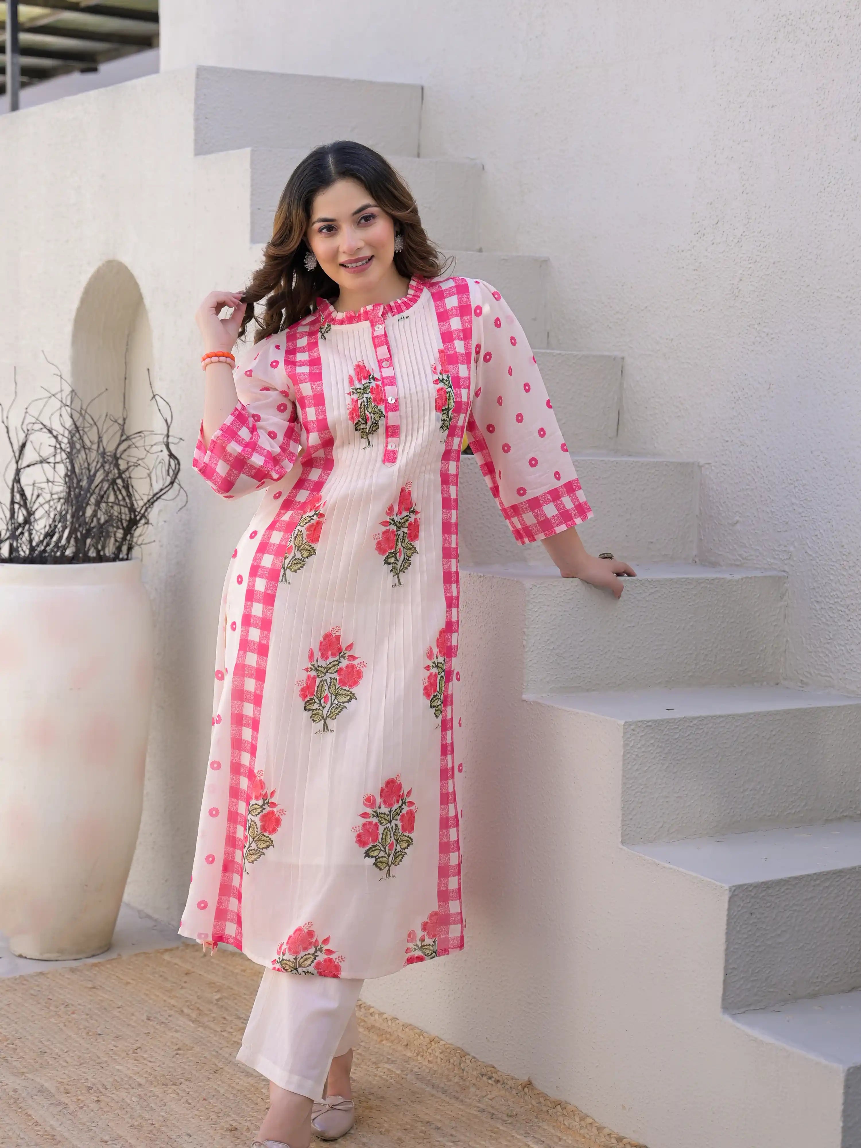 SOFT BLUSH FLORAL A-LINE PURE MUL COTTON KURTA SET