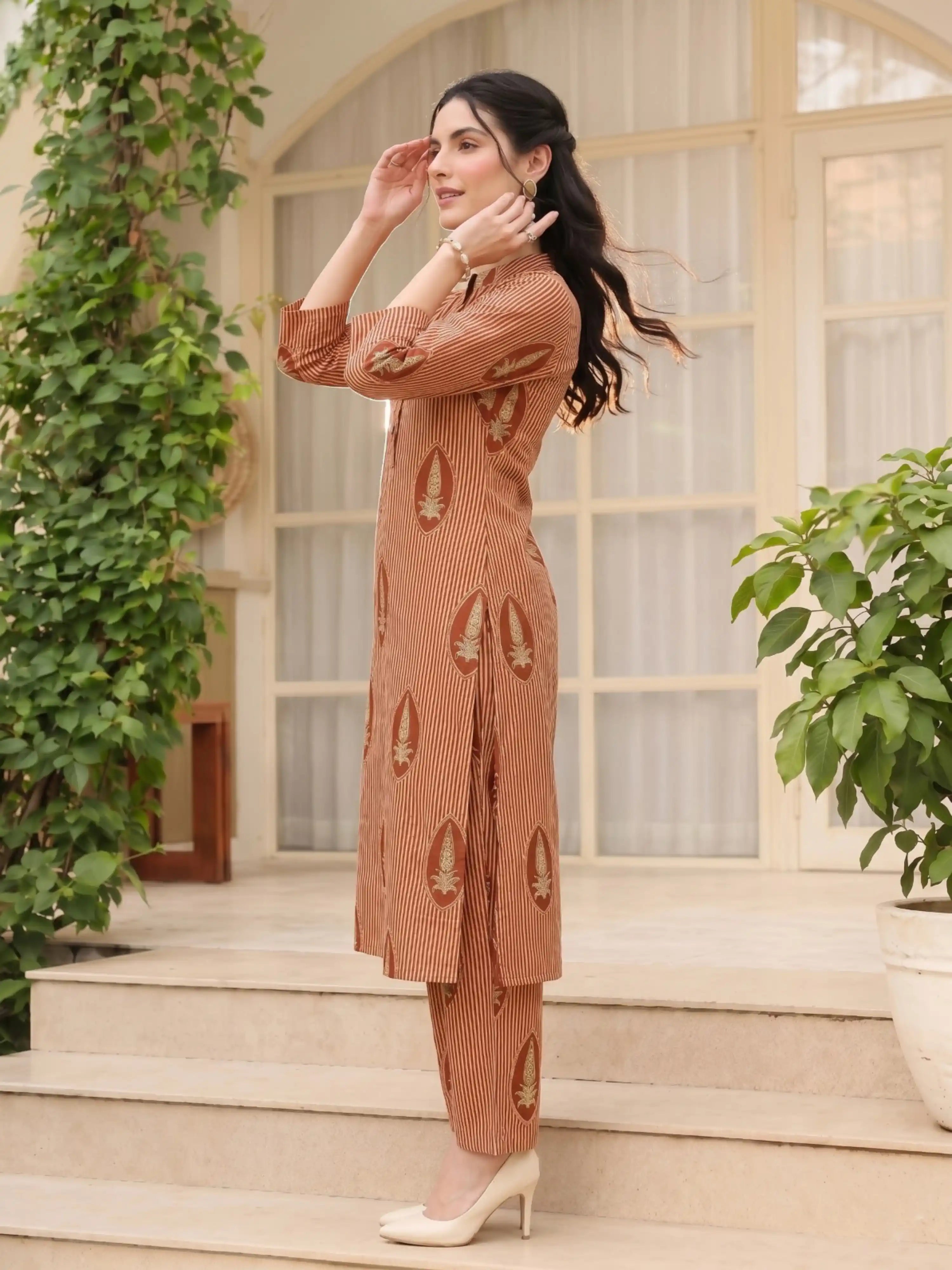 SANDALWOOD STRIPE PURE COTTON KURTA SET