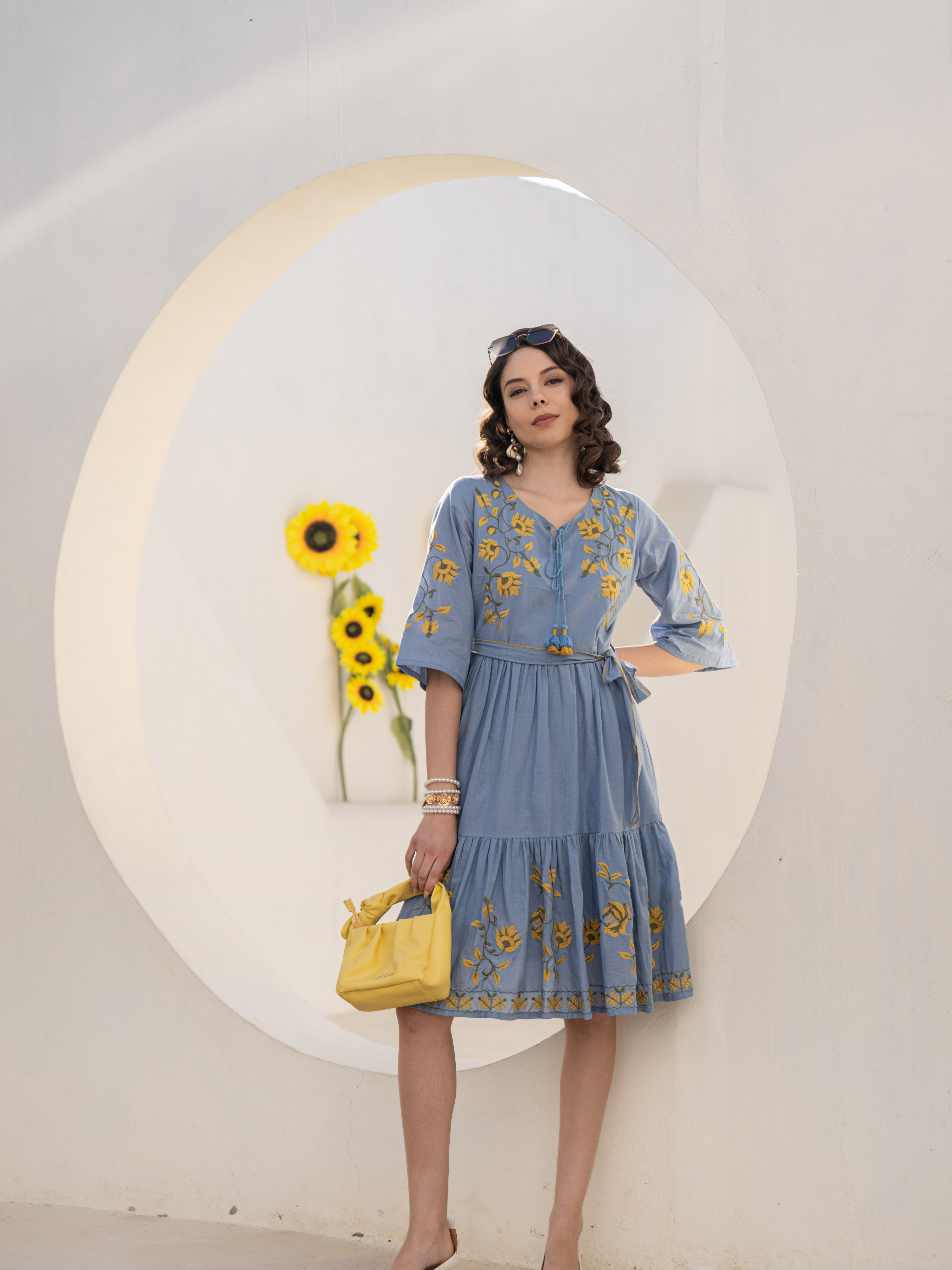 ZEHRA BLUE SUNFLOWER THREADWORK DRESS