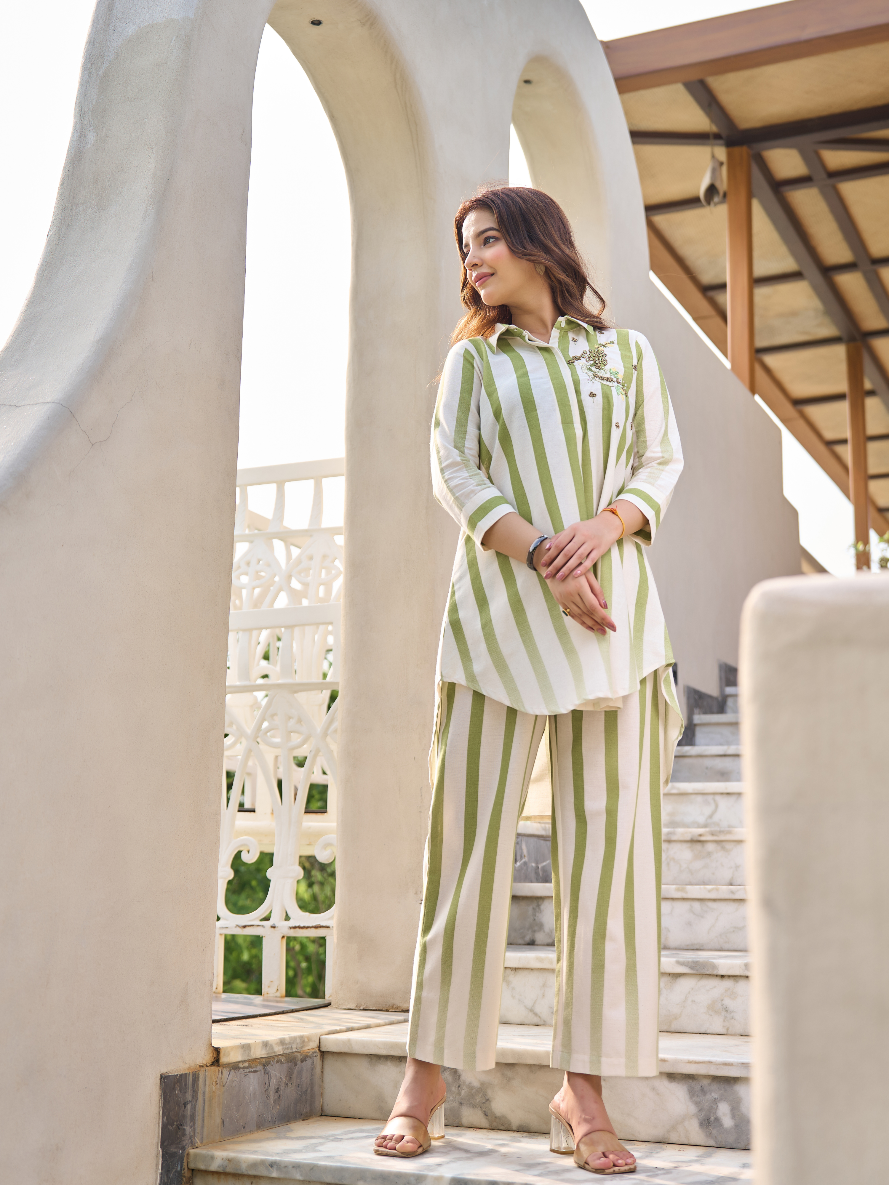 SANA STRIPED EMBROIDERED CO-ORD SET