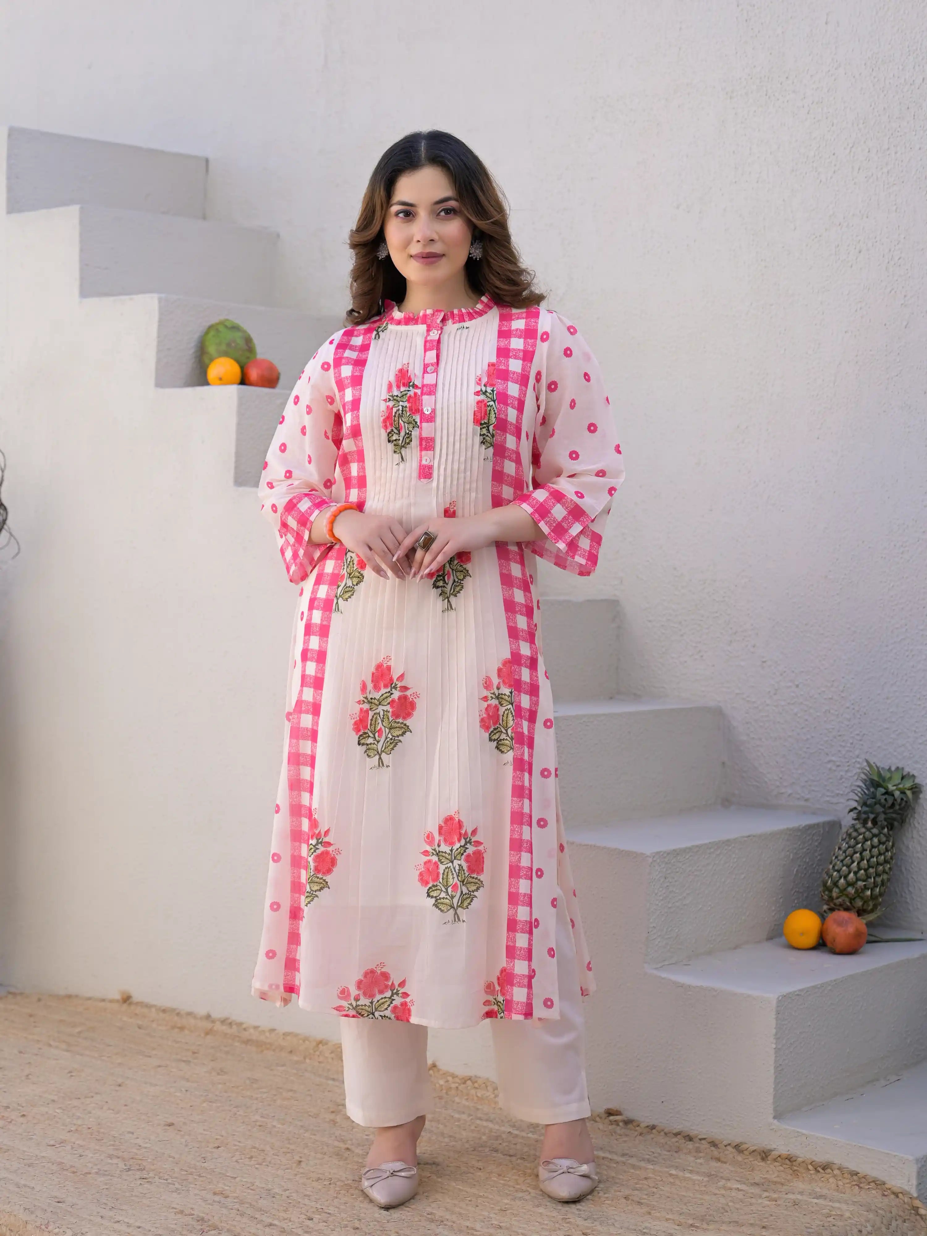 SOFT BLUSH FLORAL A-LINE PURE MUL COTTON KURTA SET