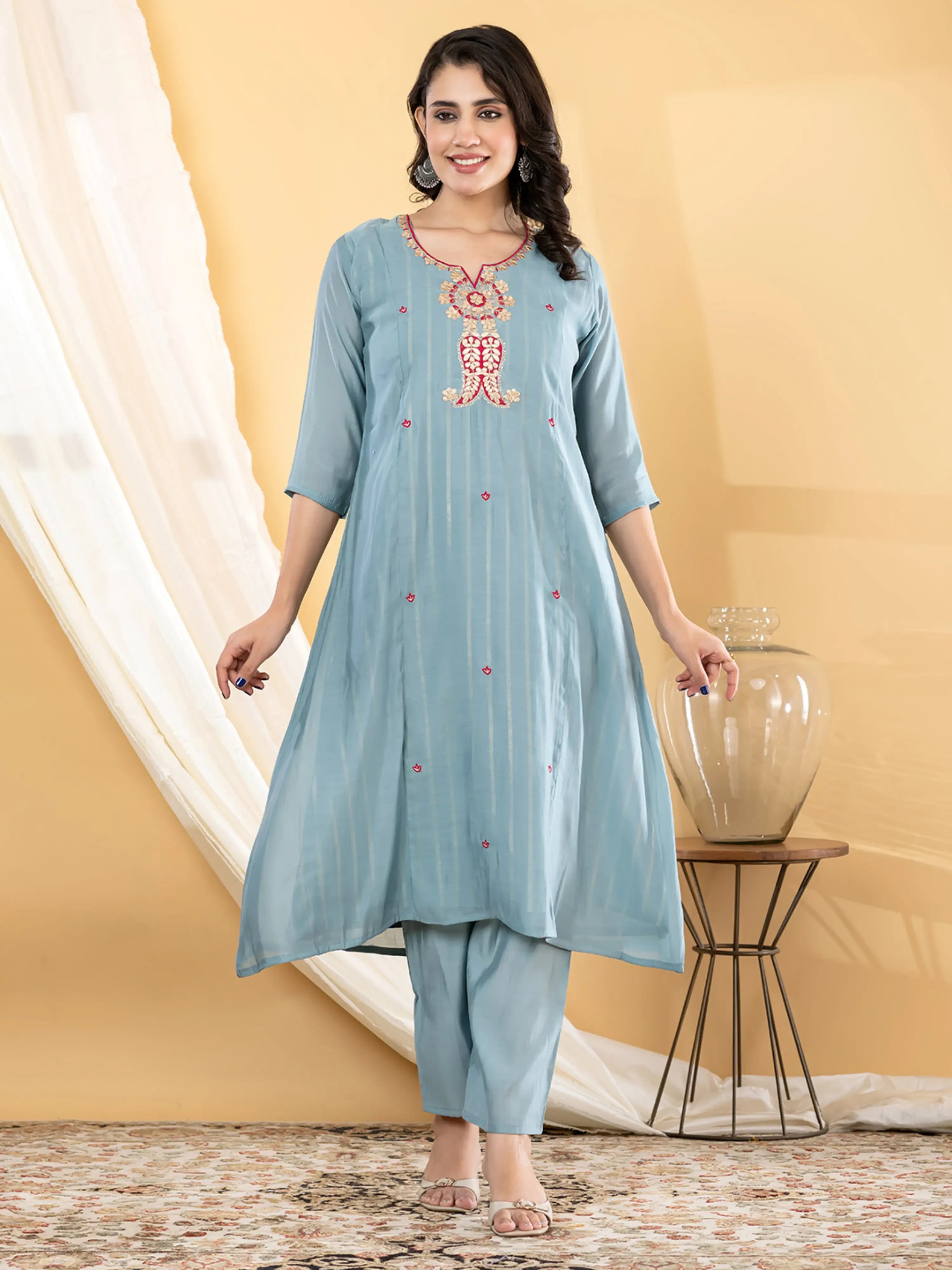 SKY BLOOM EMBROIDERED PURE BANARSI MUL CHANDERI SUIT SET