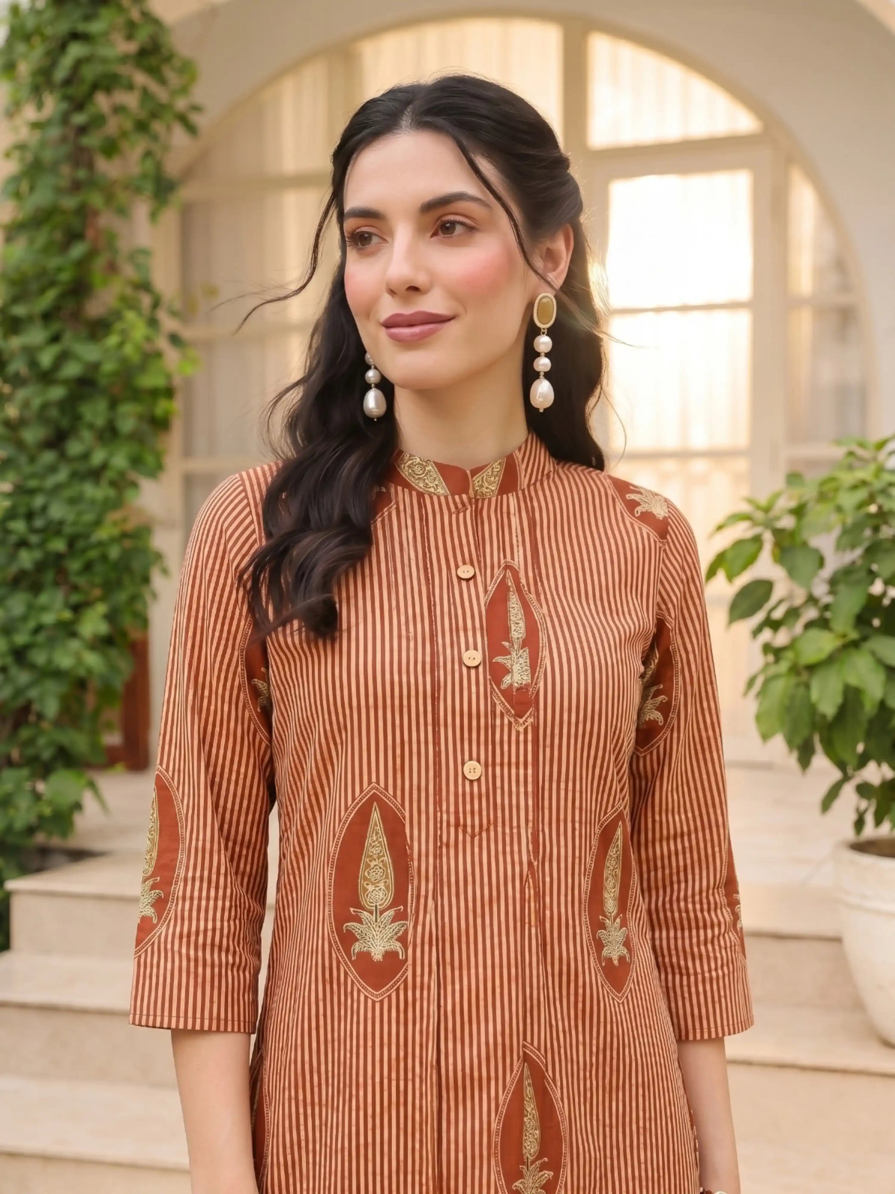 SANDALWOOD STRIPE PURE COTTON KURTA SET