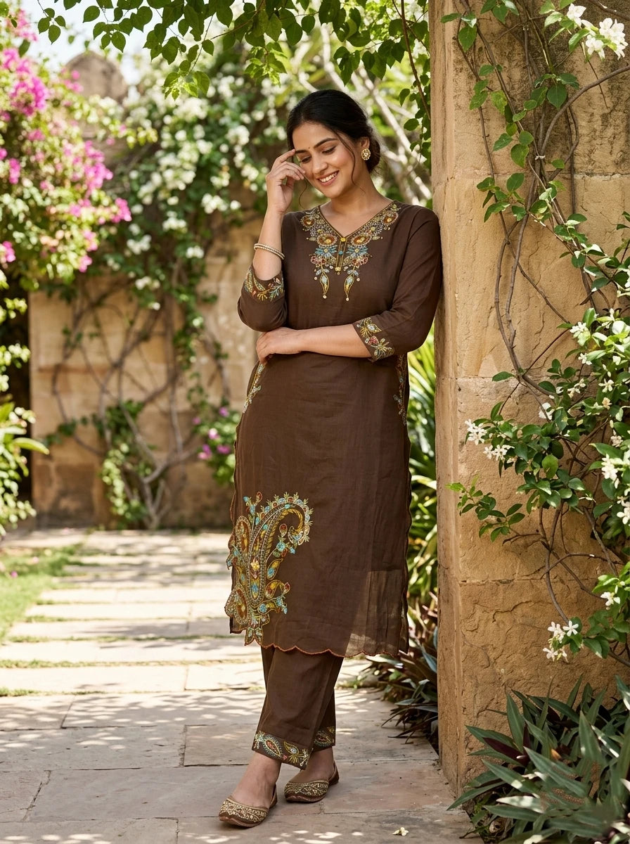 COFFEE BROWN THREADWORK MUL COTTON SUIT SET