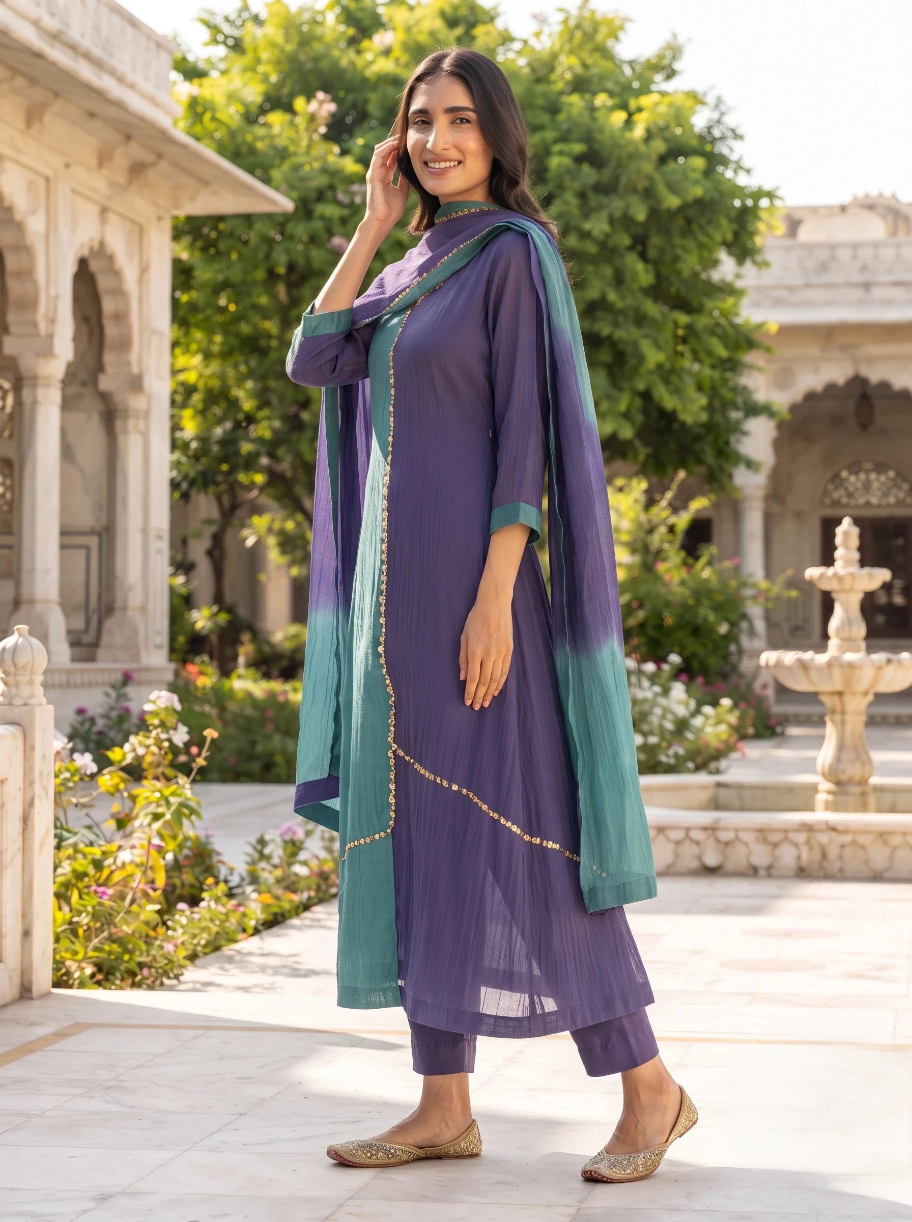 EMERALD GREEN AND PURPLE DUAL-TONE BANARSI MUL CHANDERI SUIT SET