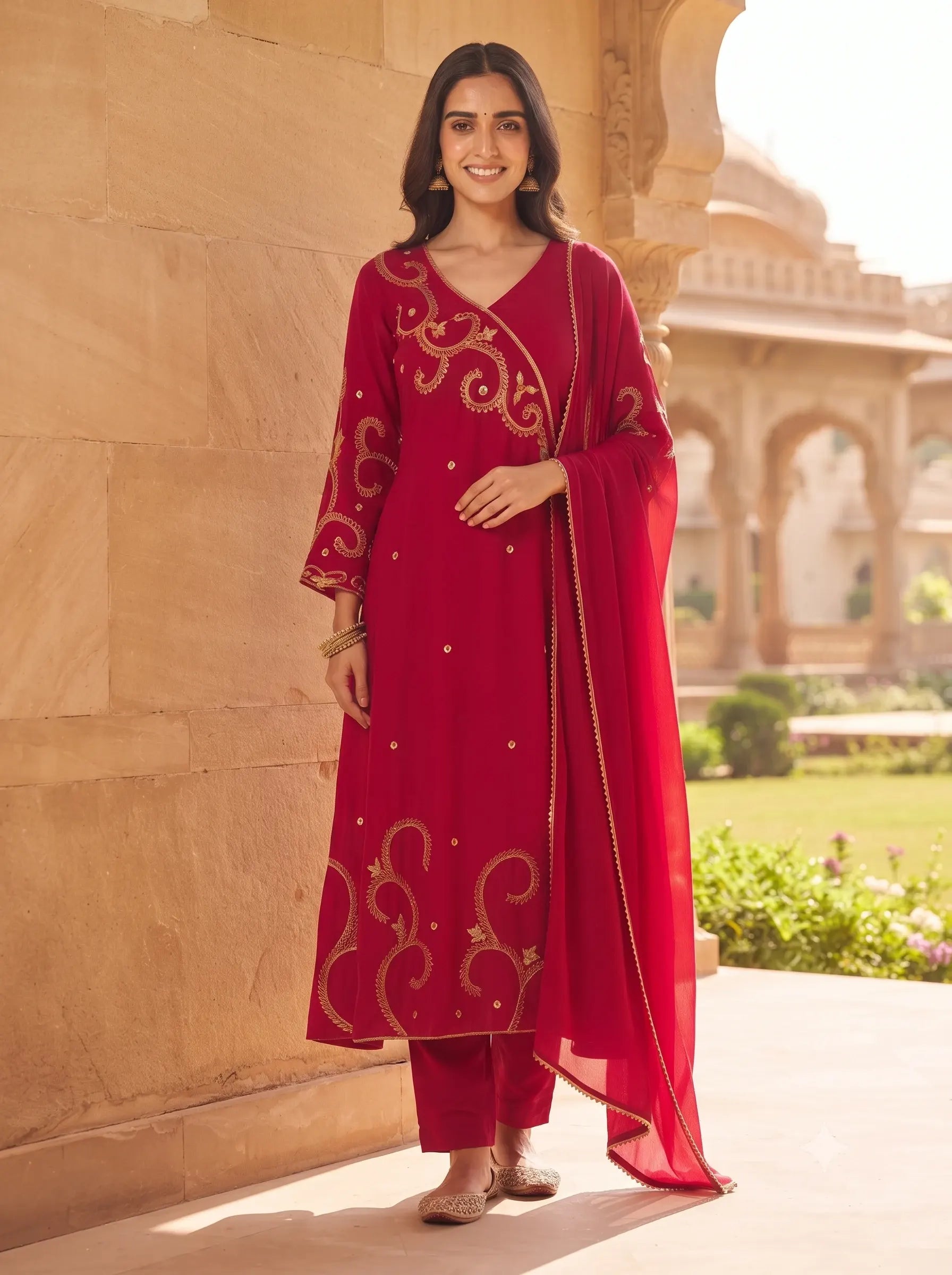 MAGENTA GOLDEN EMBROIDERED ANGRAKHA STYLE DOLA SILK SUIT SET