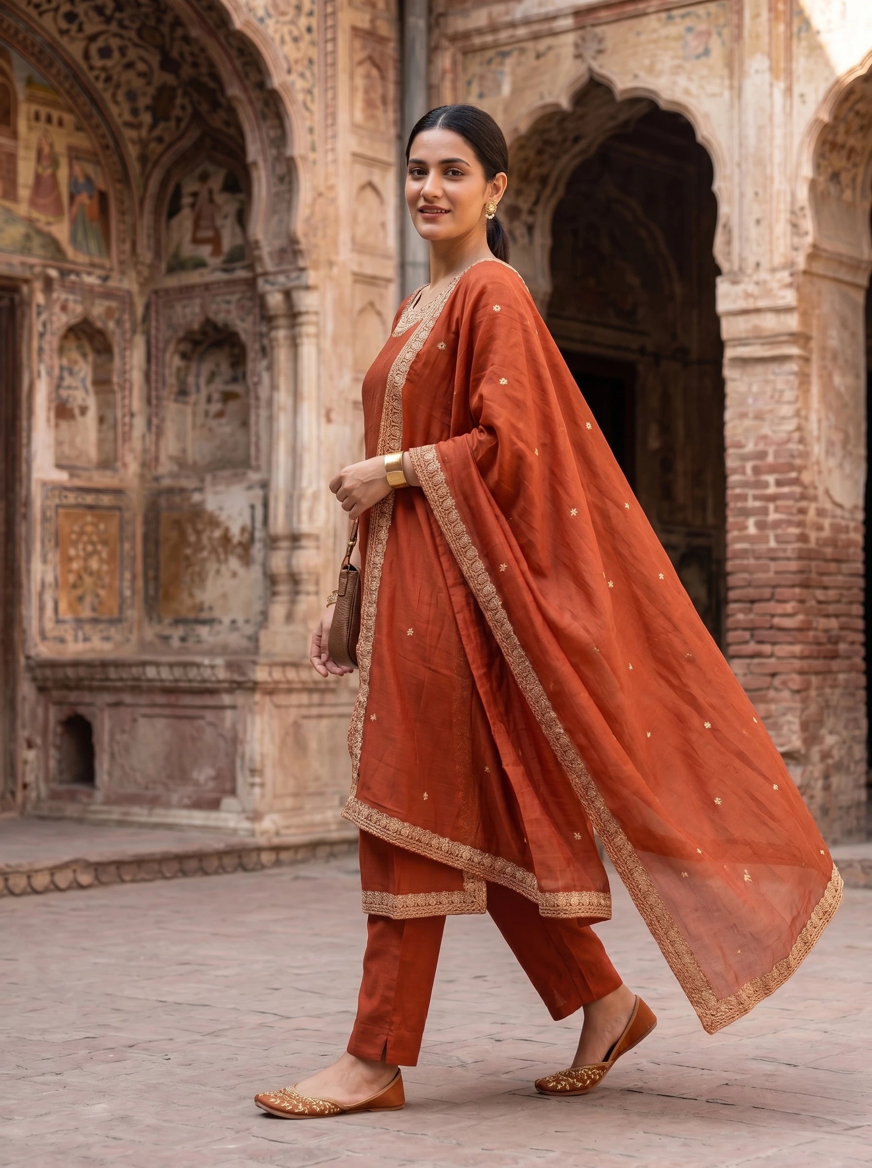 SANIA RUST ORANGE STRAIGHT SUIT SET