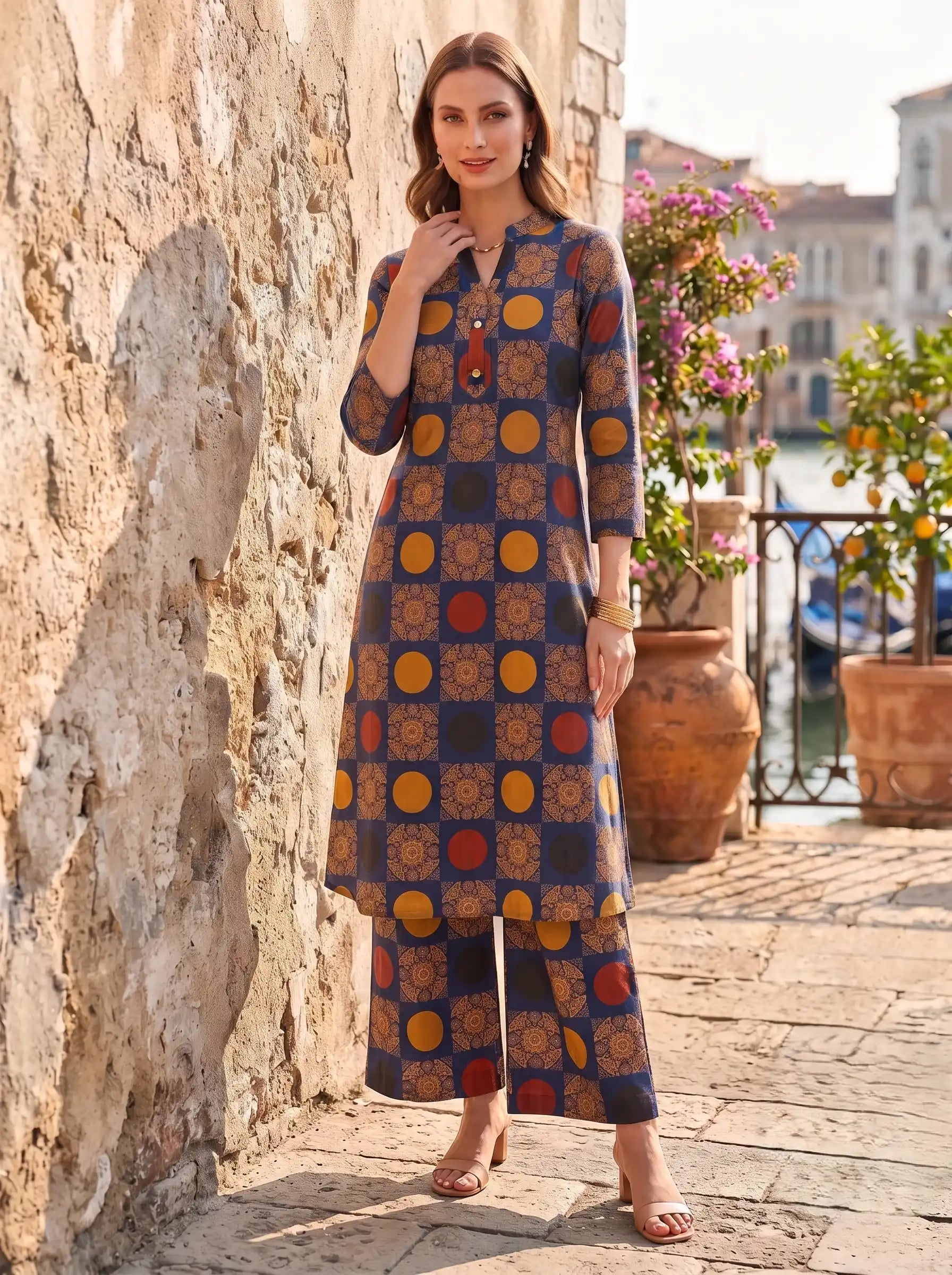 INDIGO TILE ART 100% PURE COTTON KURTA SET
