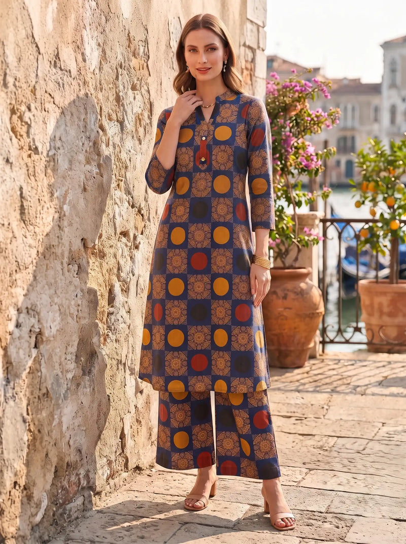 INDIGO TILE ART 100% PURE COTTON KURTA SET