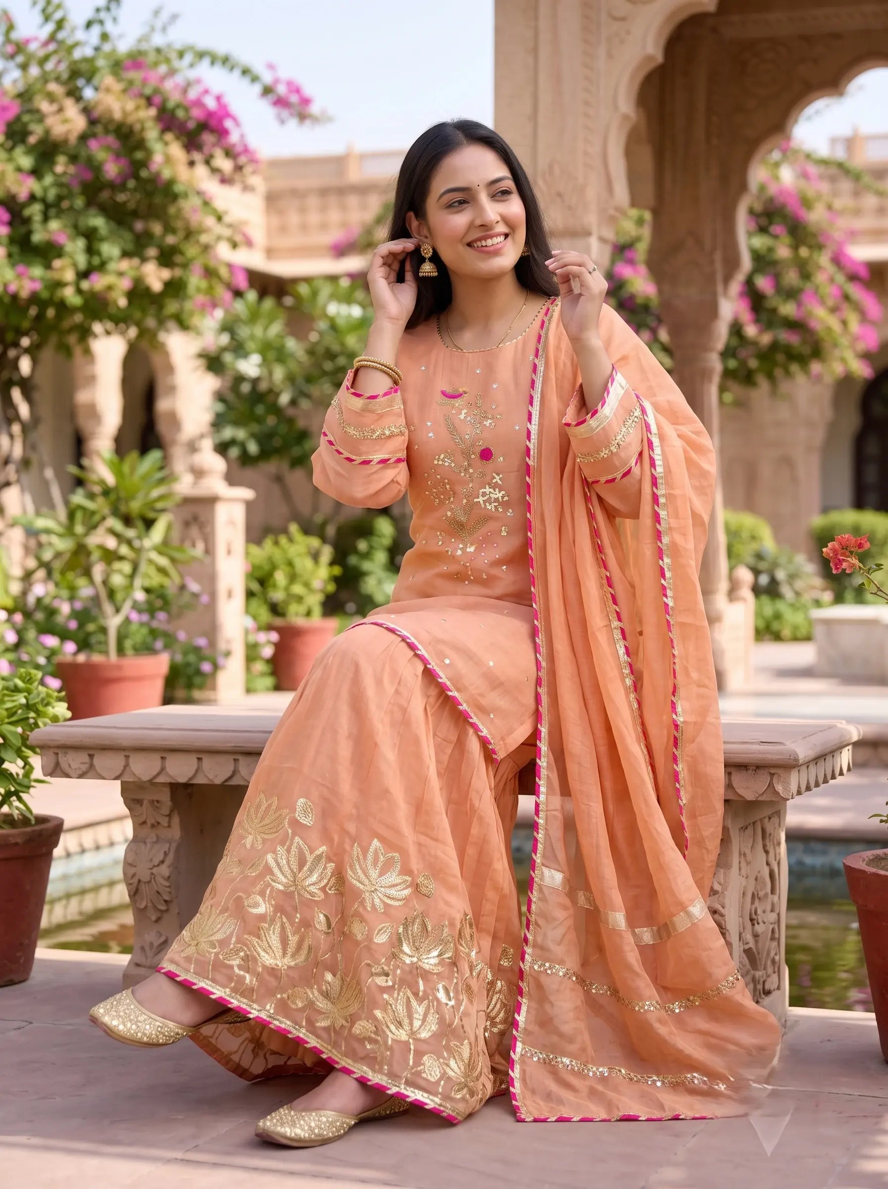 PEACH BLOOM HAND EMBROIDERED BANARSI MUL CHANDERI SUIT SET