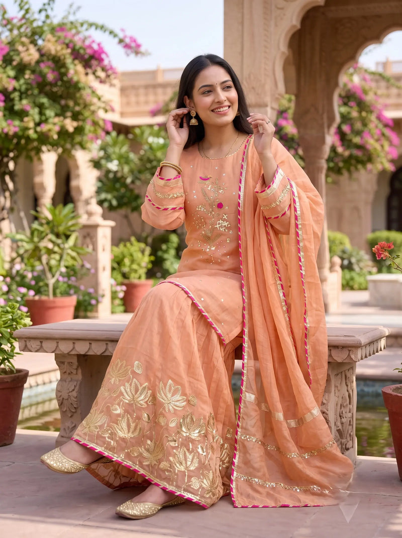 PEACH BLOOM HAND EMBROIDERED BANARSI MUL CHANDERI SUIT SET