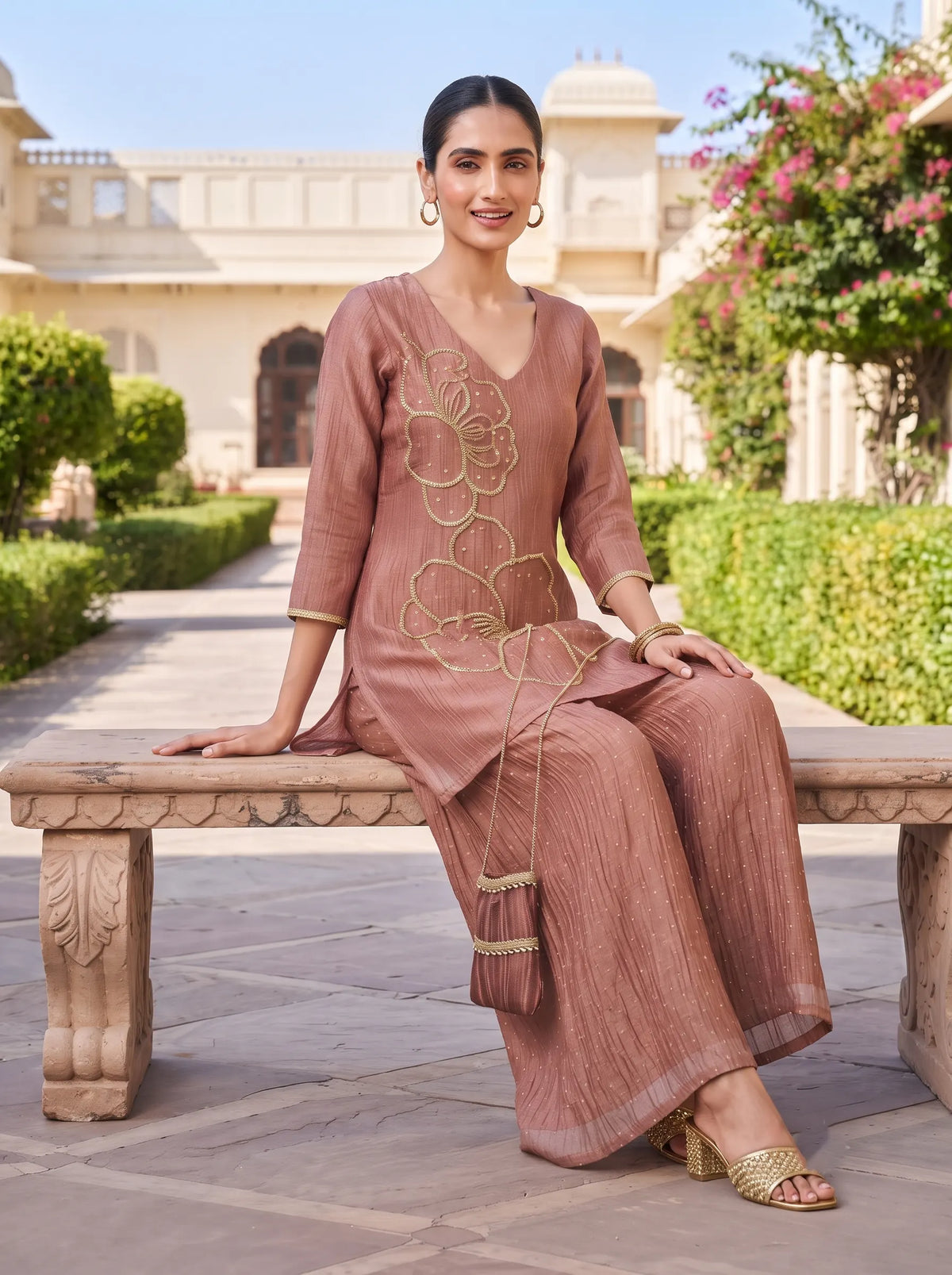 CRUSHED DUSTY ROSE ETHNIC HAND EMBROIDERED CO-ORD SET