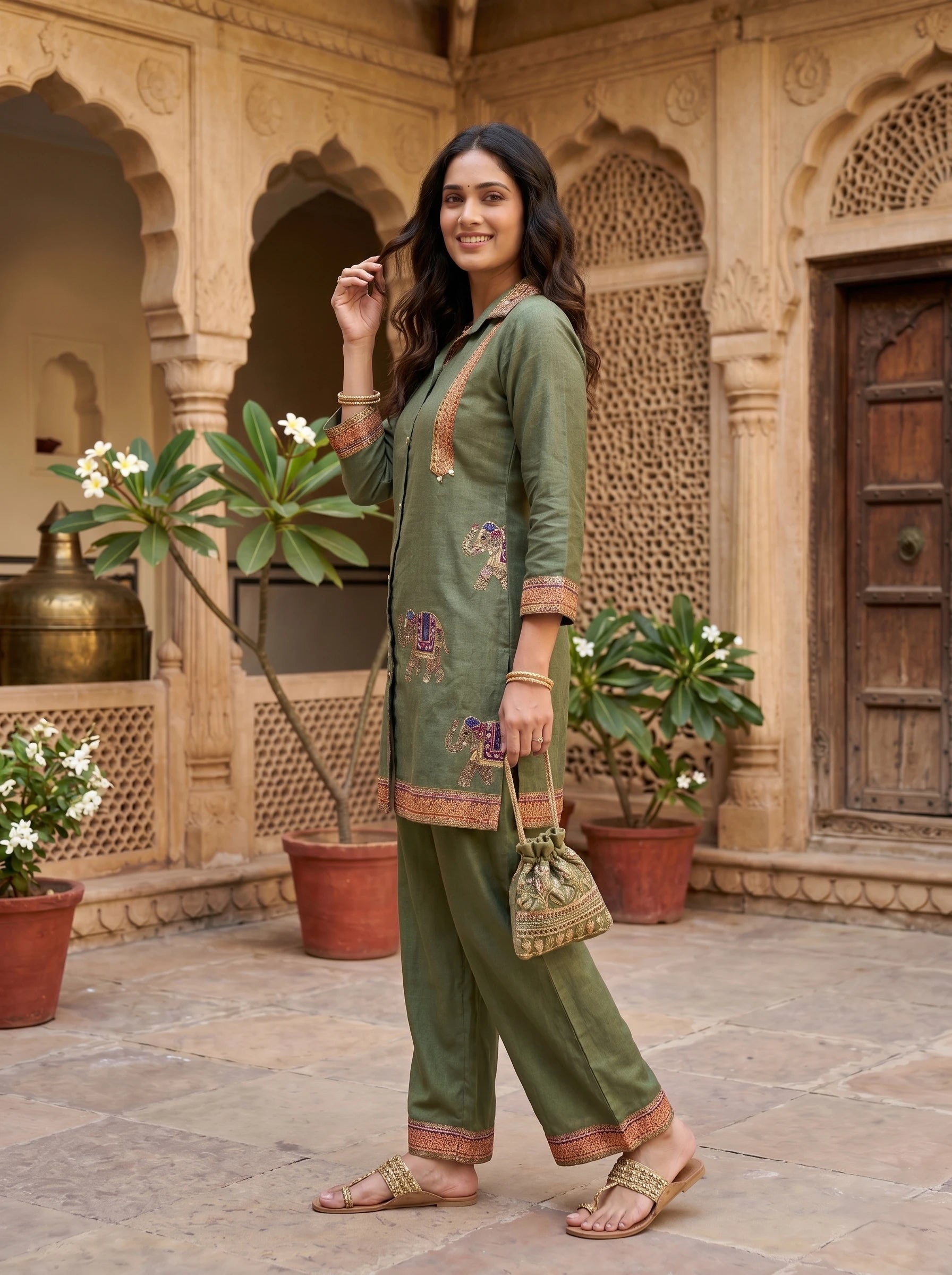 OLIVE GREEN ELEPHANT MOTIF PRINTED CO-ORD SET