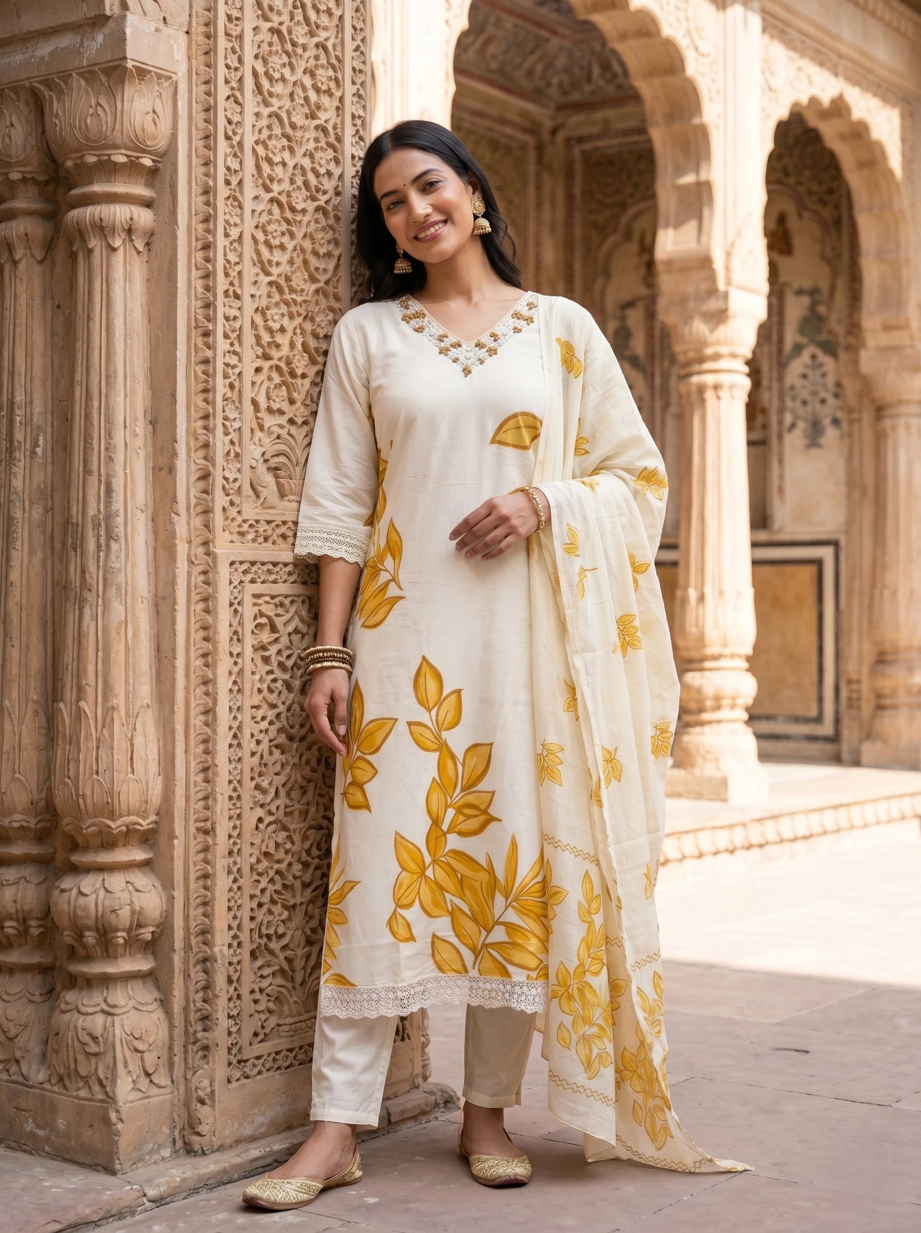 CLASSIC OFF-WHITE EMBROIDERED SUIT SET