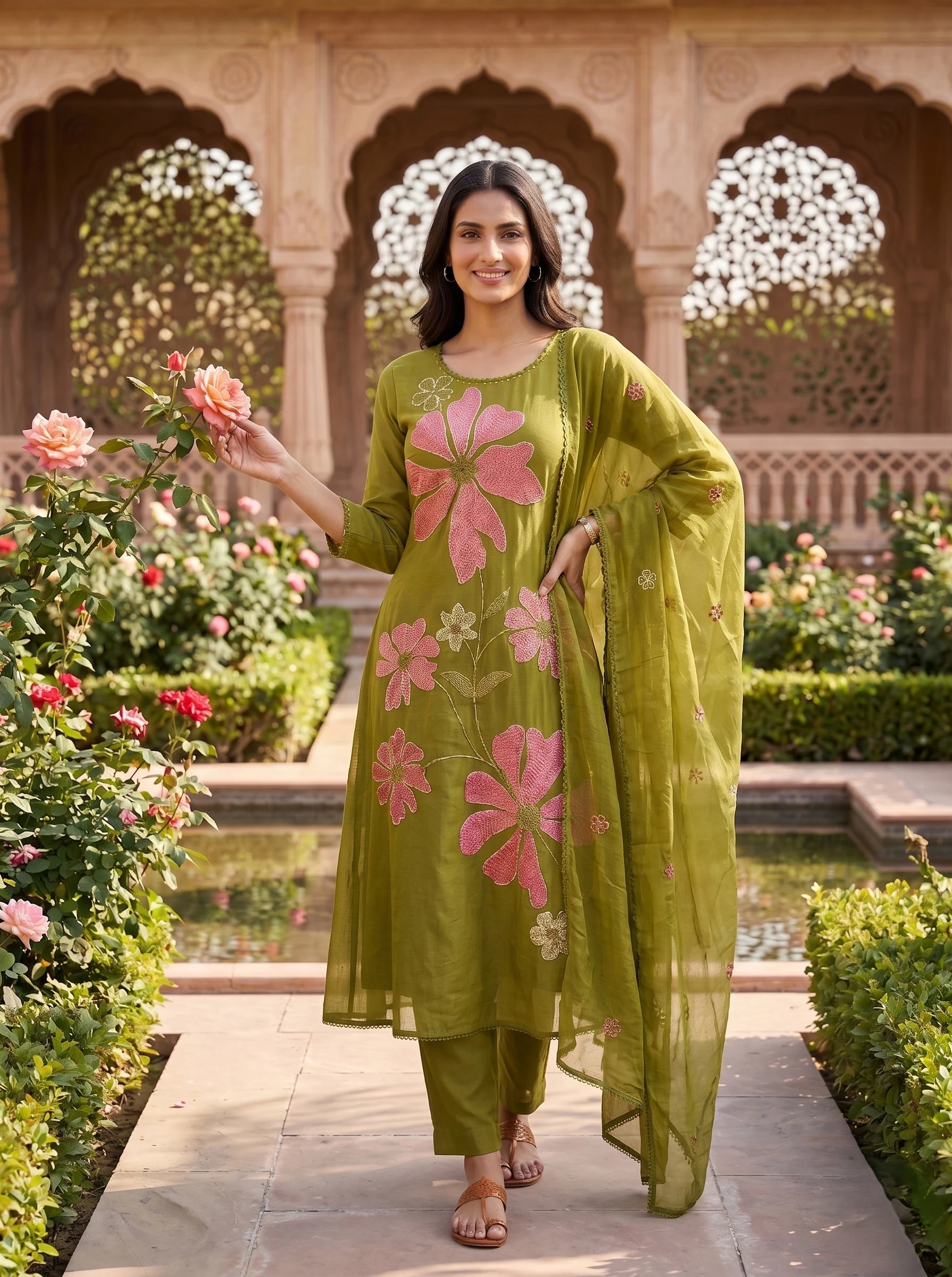 OLIVE BLOSSOM THREADWORK MUL COTTON SUIT SET