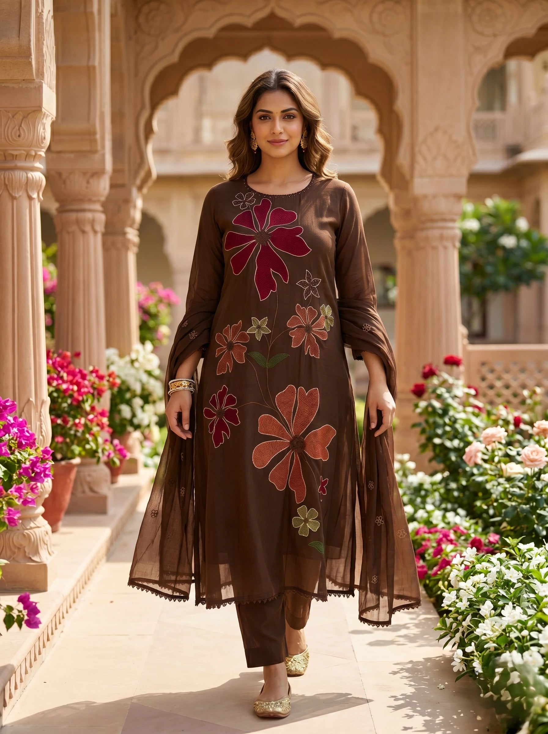 MOCHA BLOOM THREADWORK MUL COTTON SUIT SET
