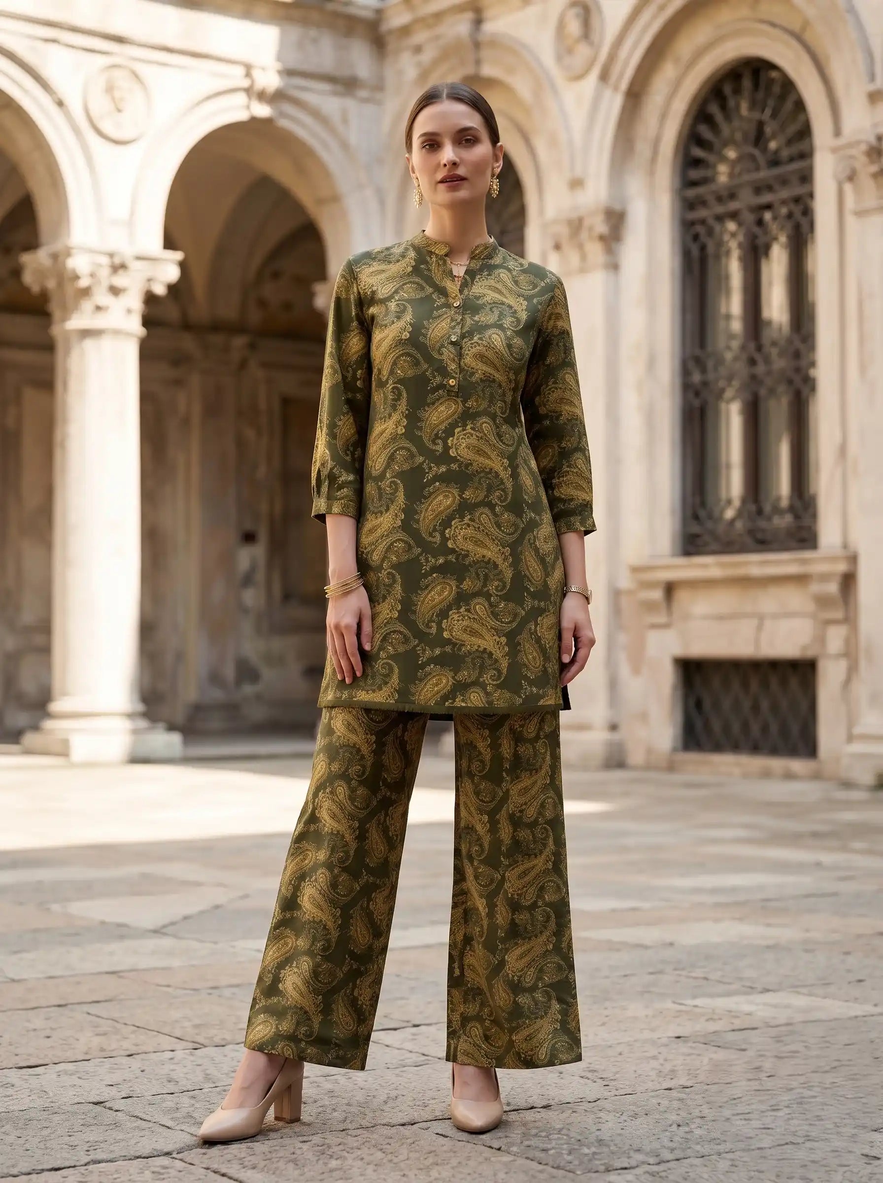OLIVE REGAL PAISLEY PURE COTTON CO-ORD SET