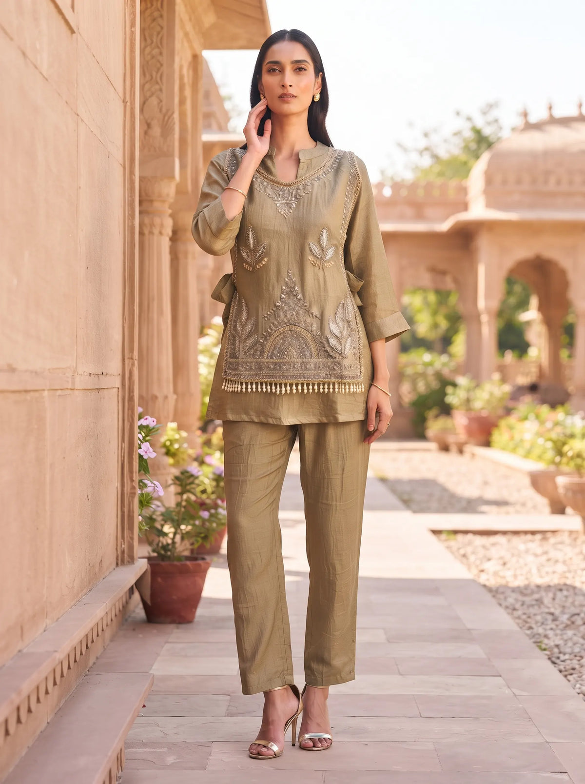 KHAKI TEXTURED SOLID FULL EMBROIDERED CRUSH TISSUE CO-ORD SET