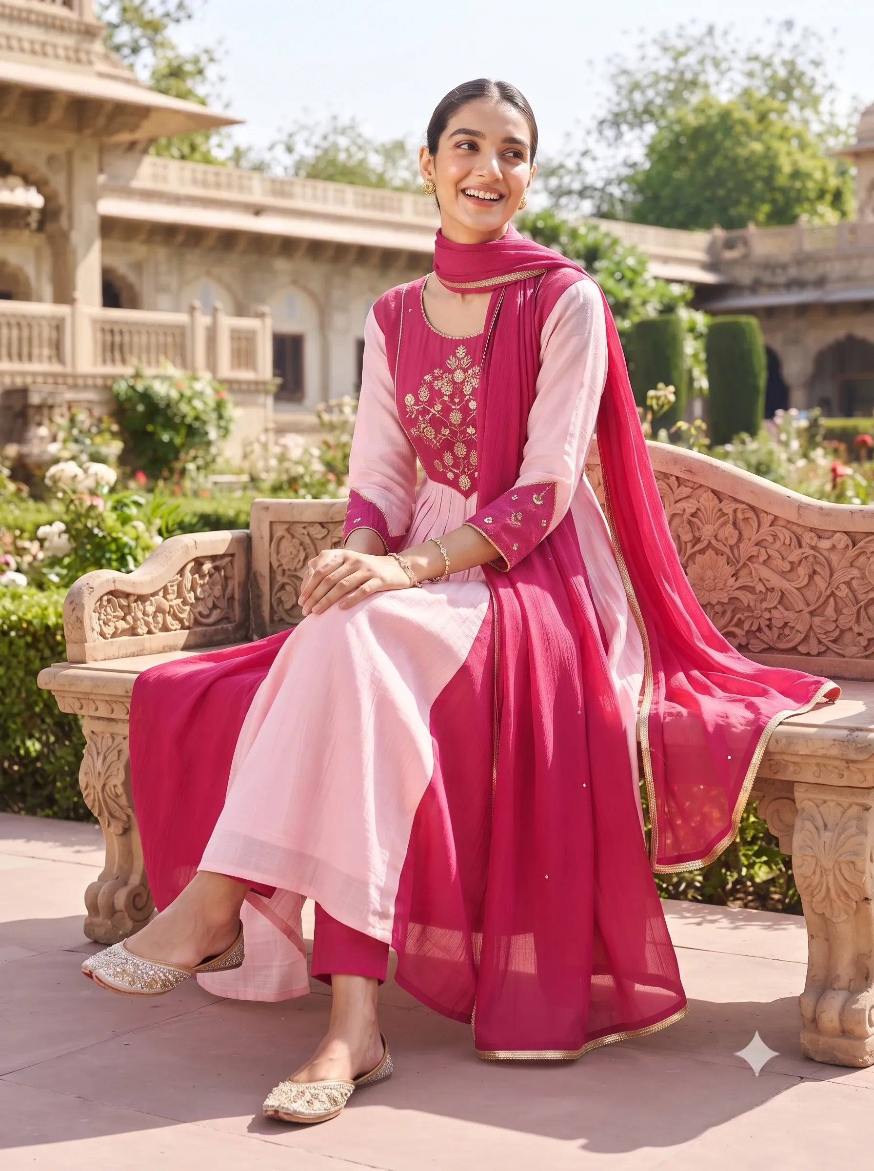 RASPBERRY PINK SEQUIN EMBROIDERED BANARSI MUL CHANDERI SUIT SET