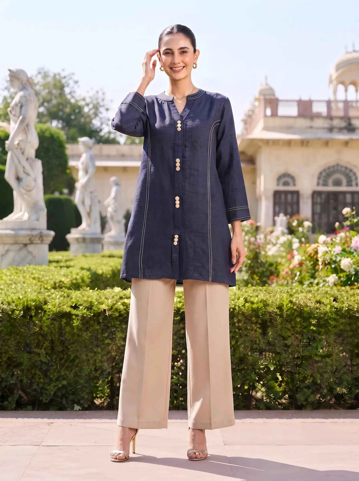 NAVY BLUE WHITE STITCH DETAIL PREMIUM CASUAL WOMEN CO-ORD SET
