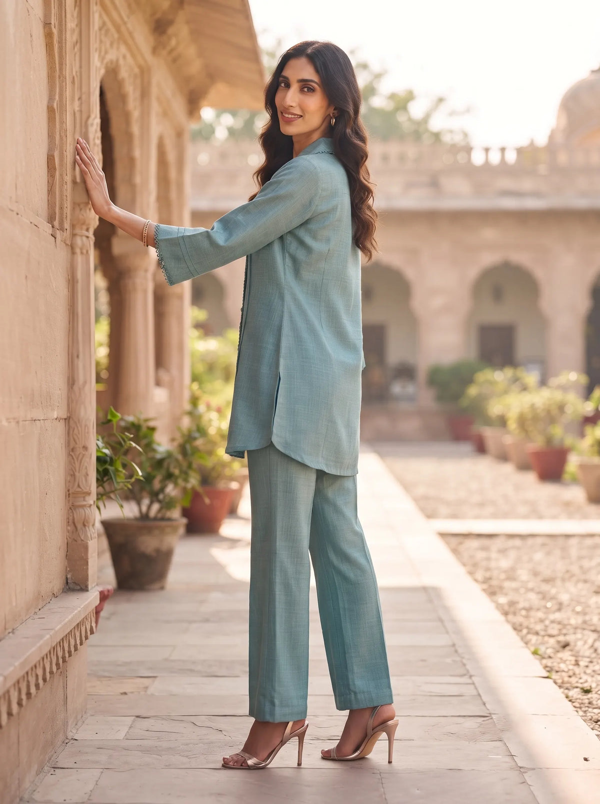 DUSTY BLUE COLLARED LACE DETAIL CASUAL EVERYDAY WEAR CO-ORD SET