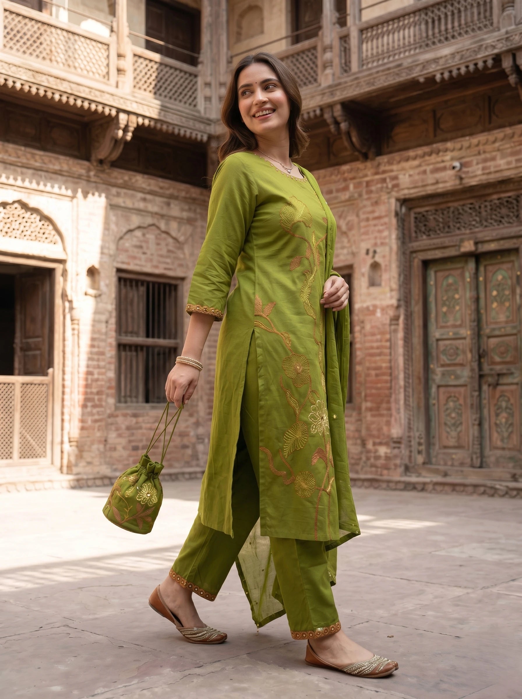 OLIVE FLORA THREADWORK SUIT SET