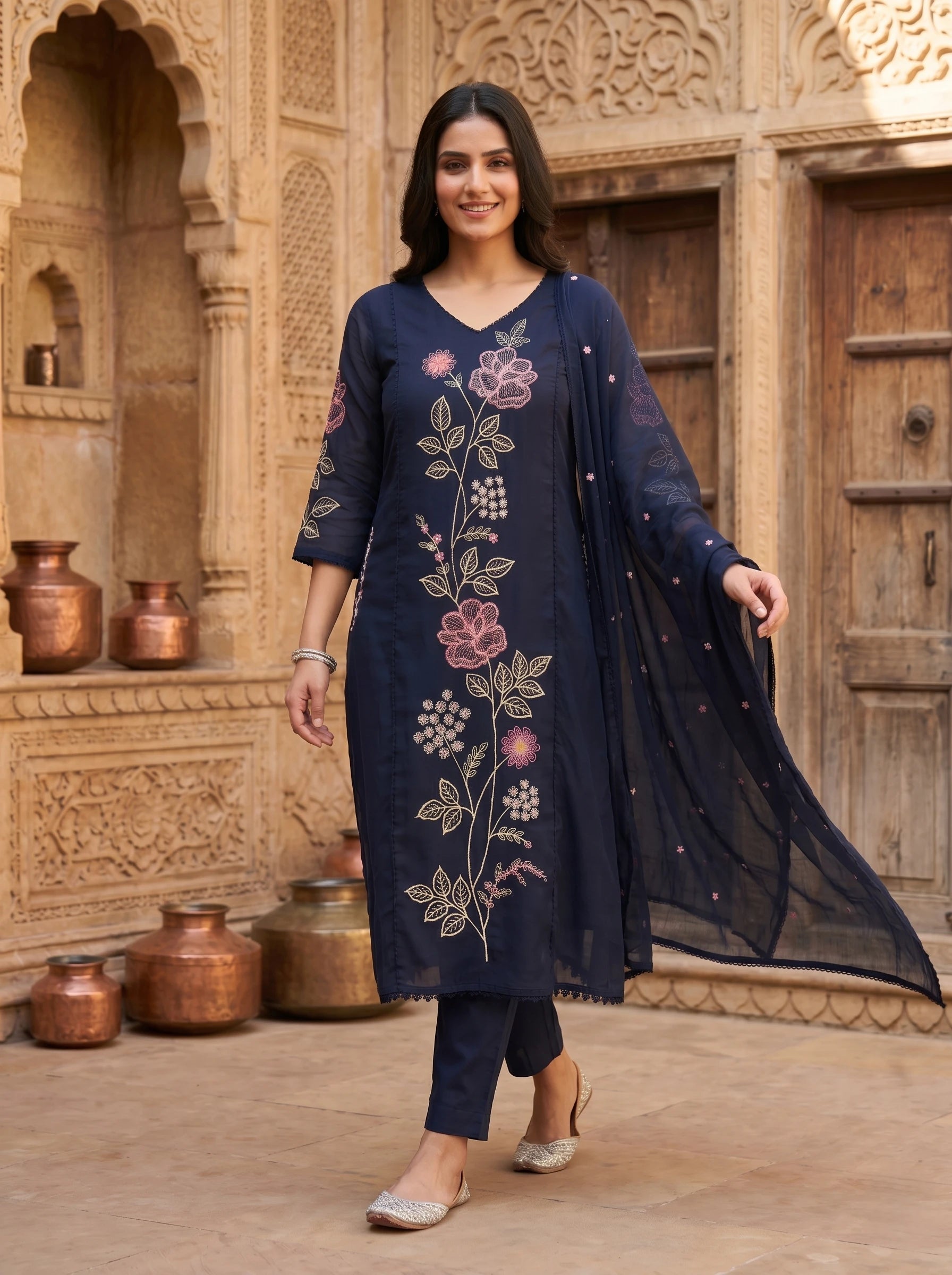 NAVY FLORAL THREADWORK POCKET MUL COTTON SUIT SET