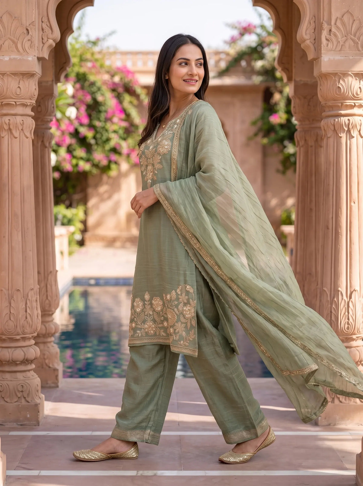 SAGE GREEN HAND EMBROIDERED DESIGNER FESTIVE SALSA SUIT SET