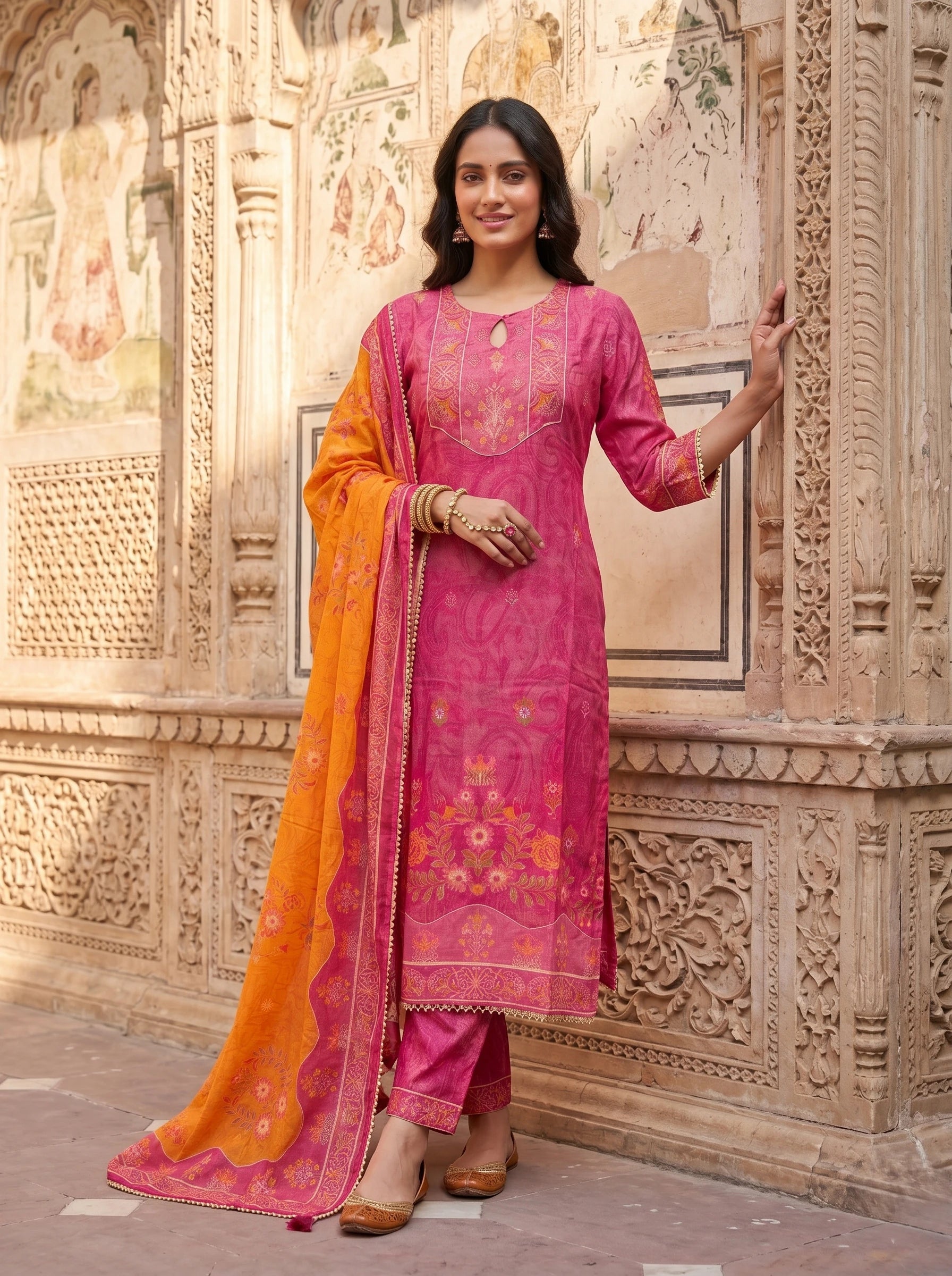 HOT PINK EMBROIDERED SUIT SET