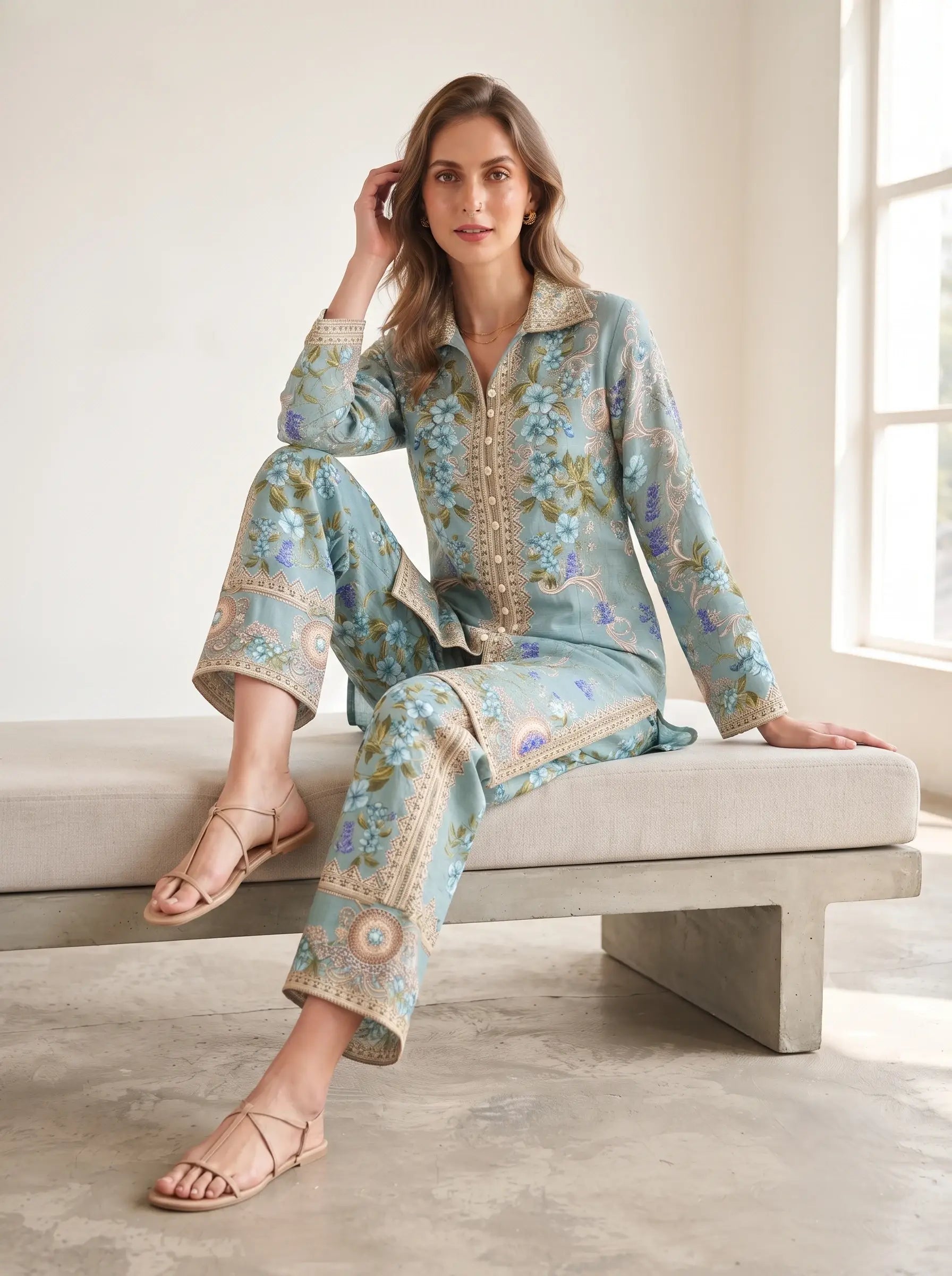 OCEAN BLOOM EMBELLISHED PURE CREPE CO-ORD SET