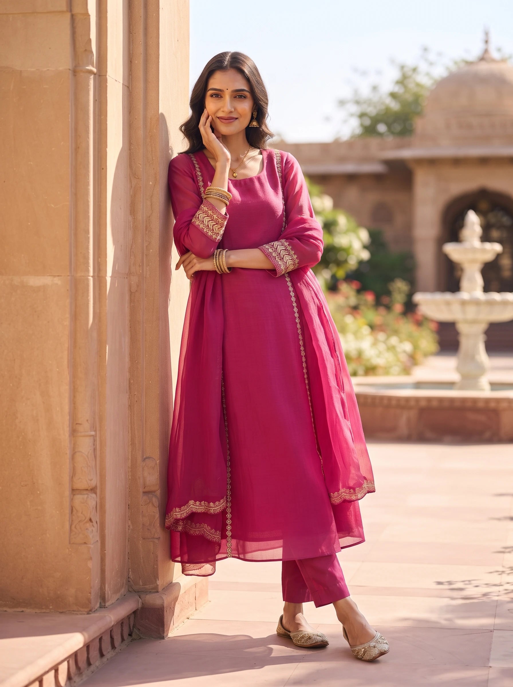 HOT PINK BANARSI MUL CHANDERI DELICATE ZARI WORK SUIT SET