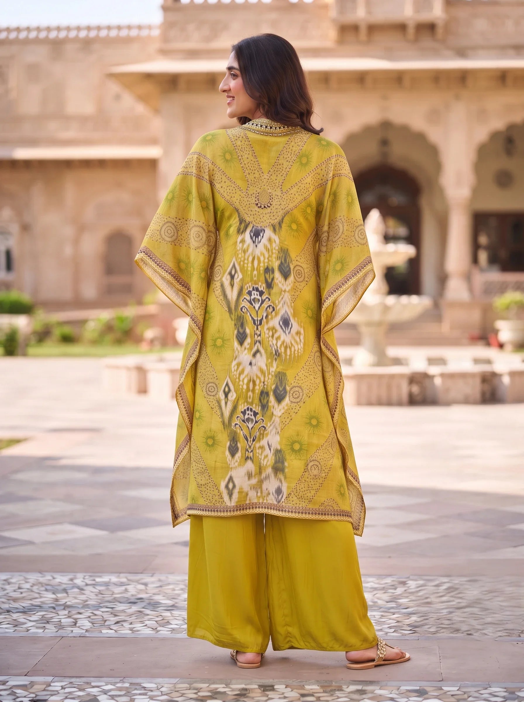 MUSTARD YELLOW PRINTED PURE CHINON KAFTAN CO-ORD SET