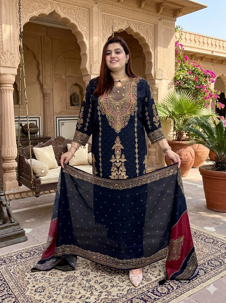 MIDNIGHT GOLD EMBROIDERED SUIT SET
