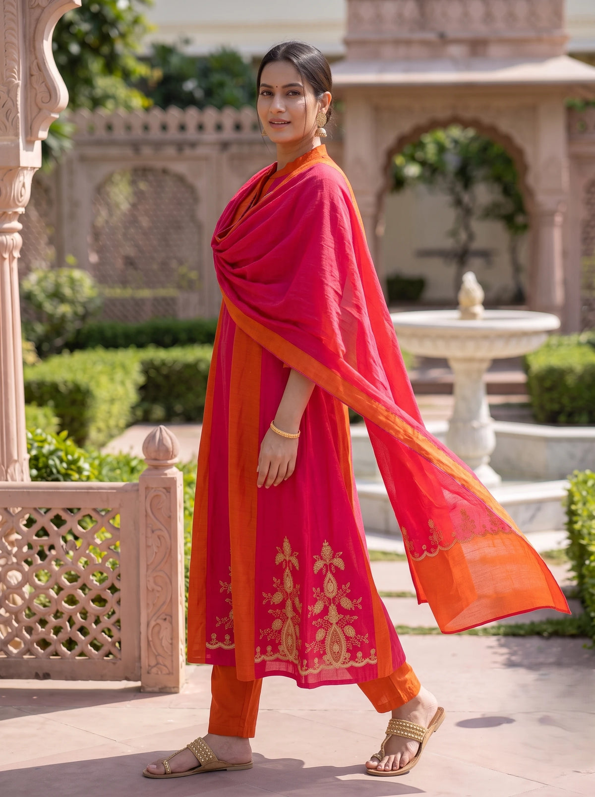 ORANGE PINK FESTIVE HAND EMBROIDERED MUL CHANDERI ANARKALI SUIT SET