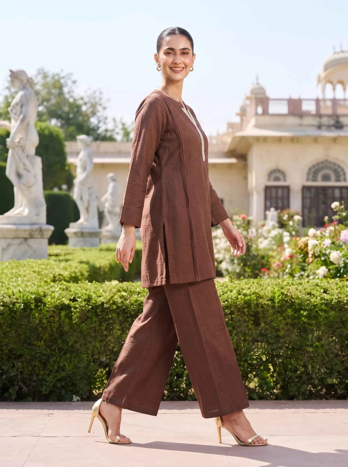 BROWN TEXTURED FABRIC EMBROIDERED NECKLINE CASUAL CO-ORD SET