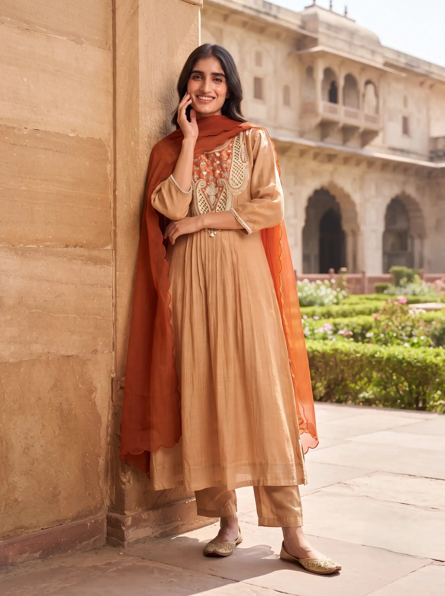 CARAMEL GOLD DESIGNER BANARSI MUL CHANDERI SUIT WITH DUPATTA