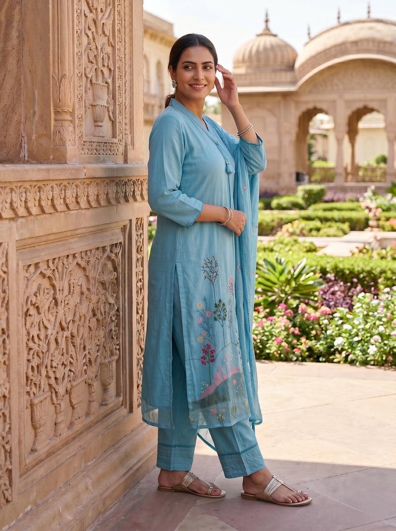 AQUA BLOOM THREADWORK MUL COTTON SUIT SET