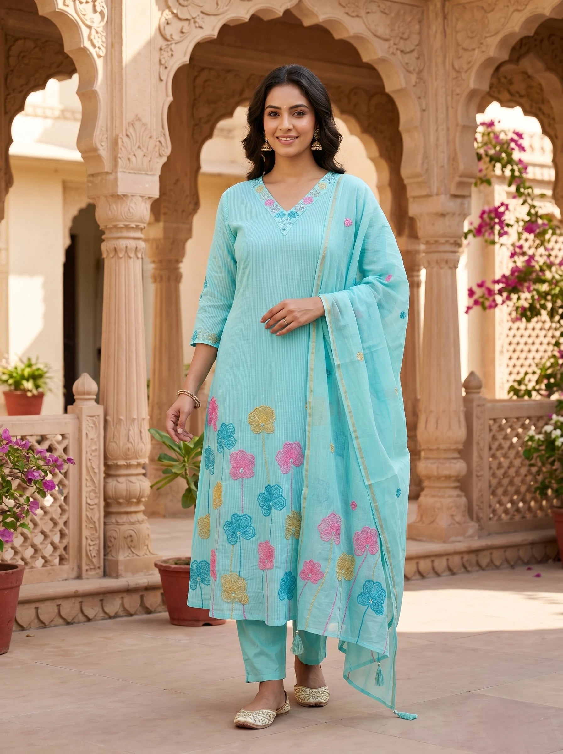 AQUA BLUE FLORAL EMBROIDERED SUIT SET