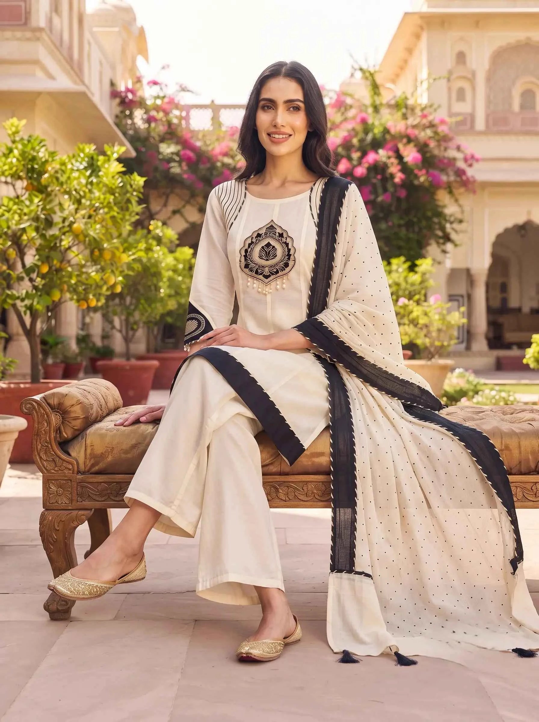 IVORY BLACK FULL EMBROIDERED PURE MUL CHANDERI SUIT WITH DUPATTA