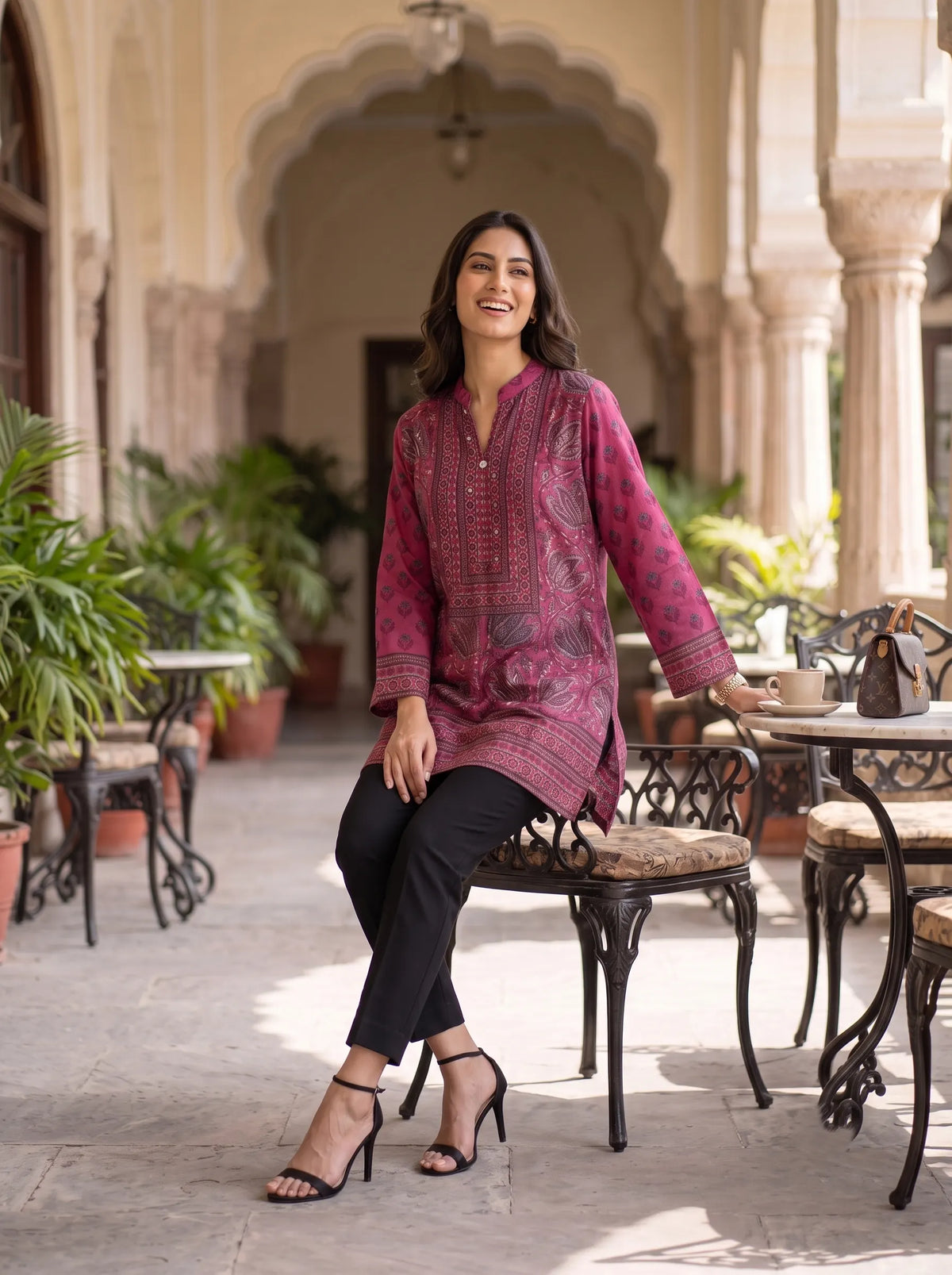 MAGENTA PRINTED COIN BUTTON PURE MUSLIN SHIRT TOP