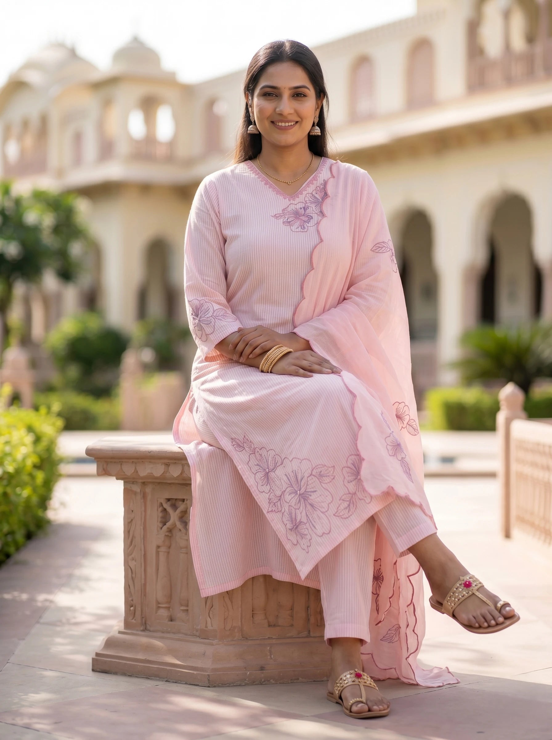 PINK FLORAL THREADWORK SUIT SET