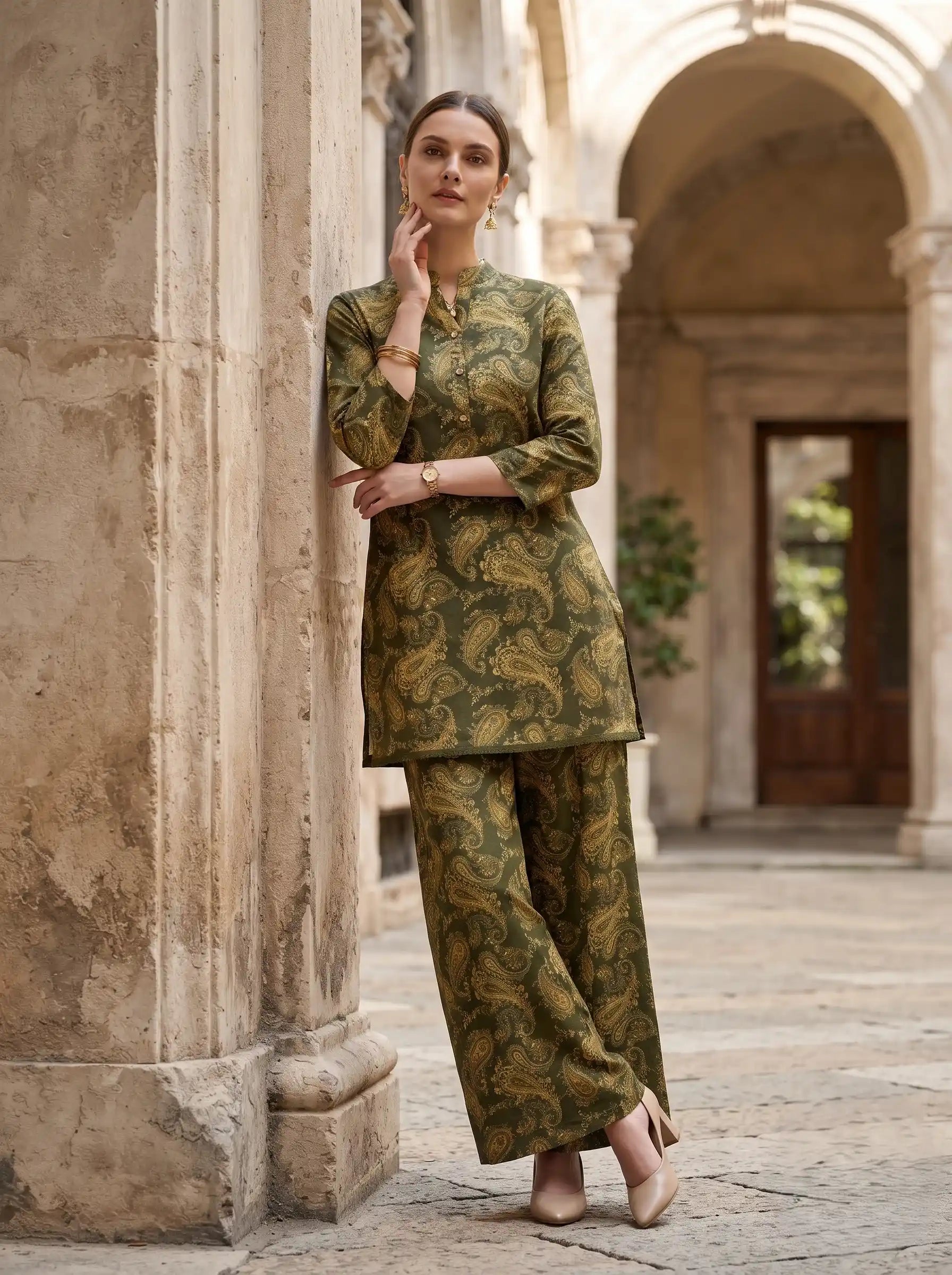 OLIVE REGAL PAISLEY PURE COTTON CO-ORD SET