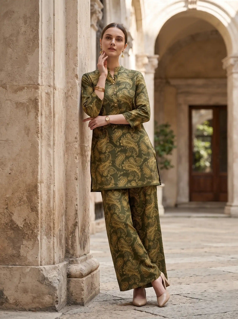 OLIVE REGAL PAISLEY PURE COTTON CO-ORD SET