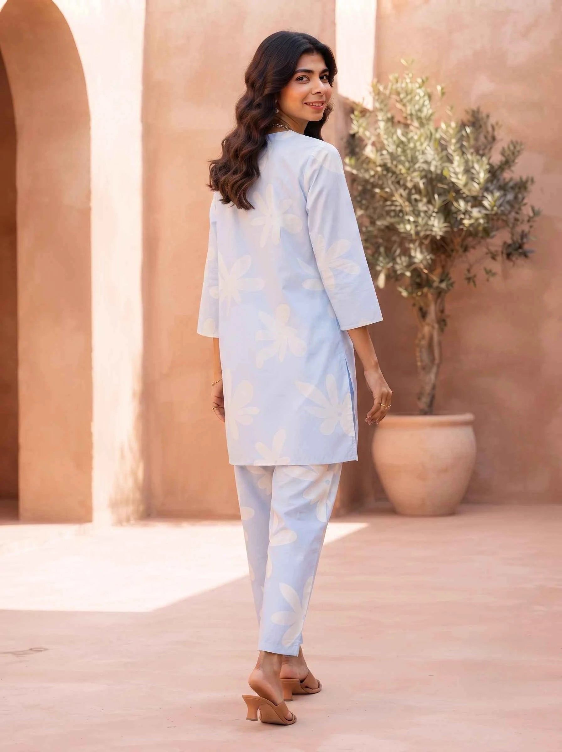 POWDER BLUE PETALS ELEGANCE PURE COTTON CO-ORD SET