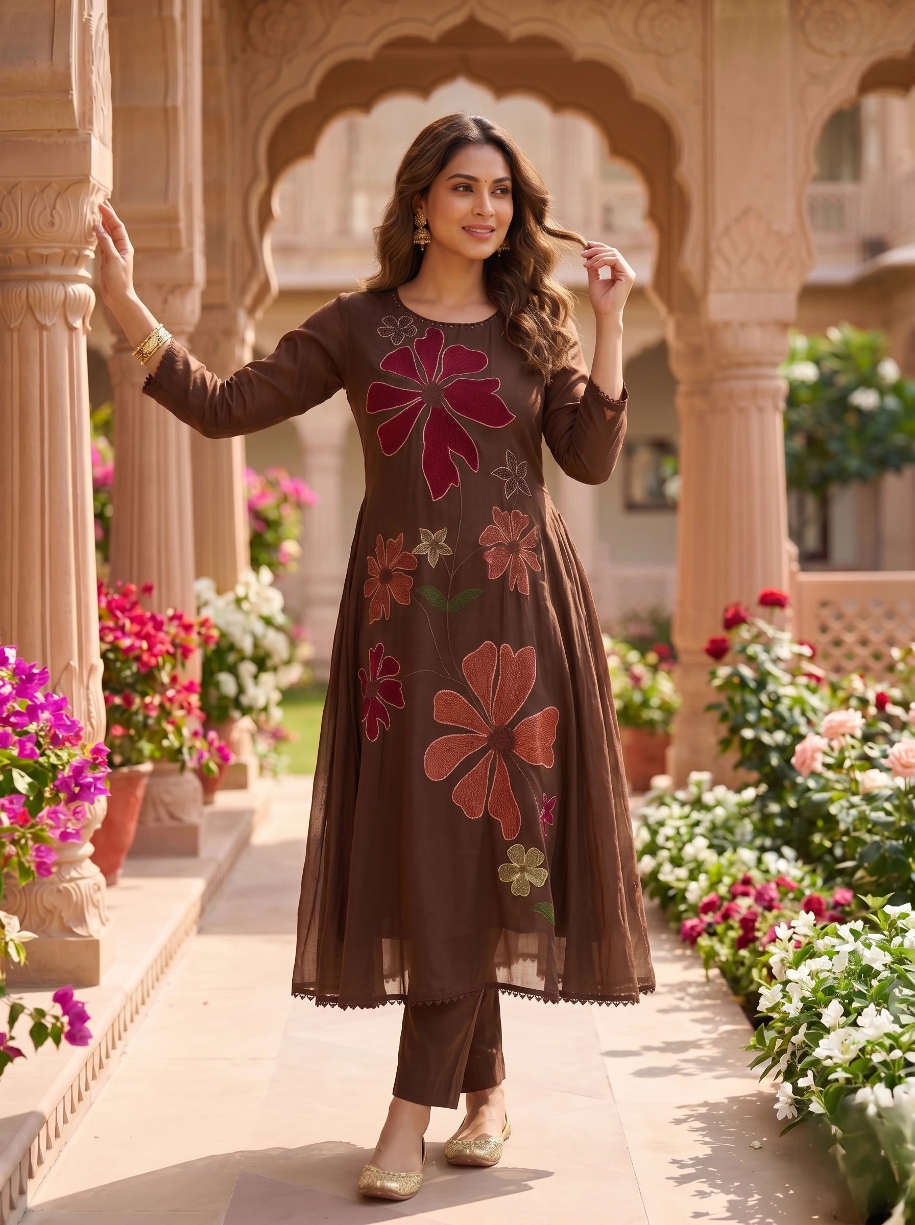MOCHA BLOOM THREADWORK MUL COTTON SUIT SET